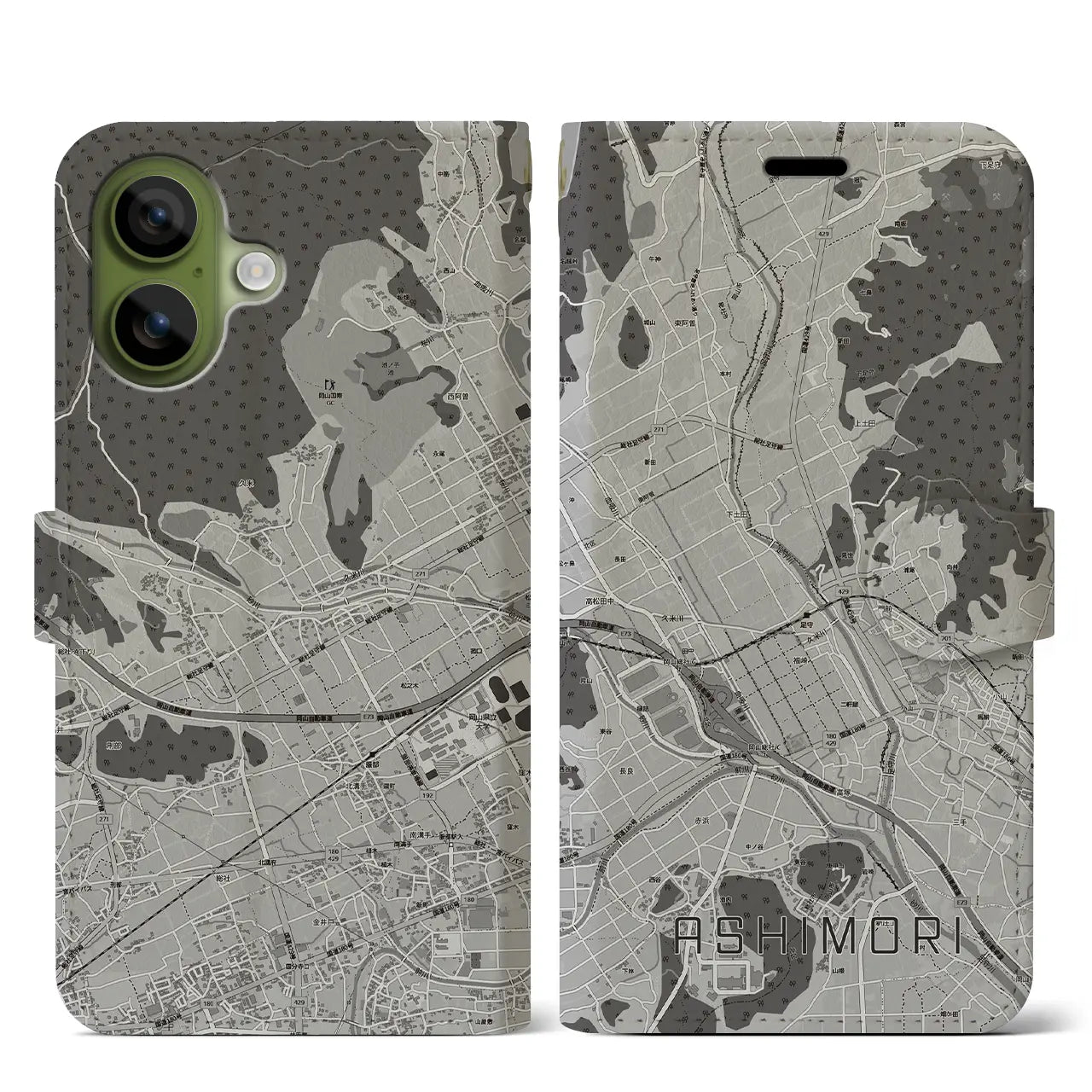 【足守(岡山県)】地図柄iPhoneケース(手帳タイプ)