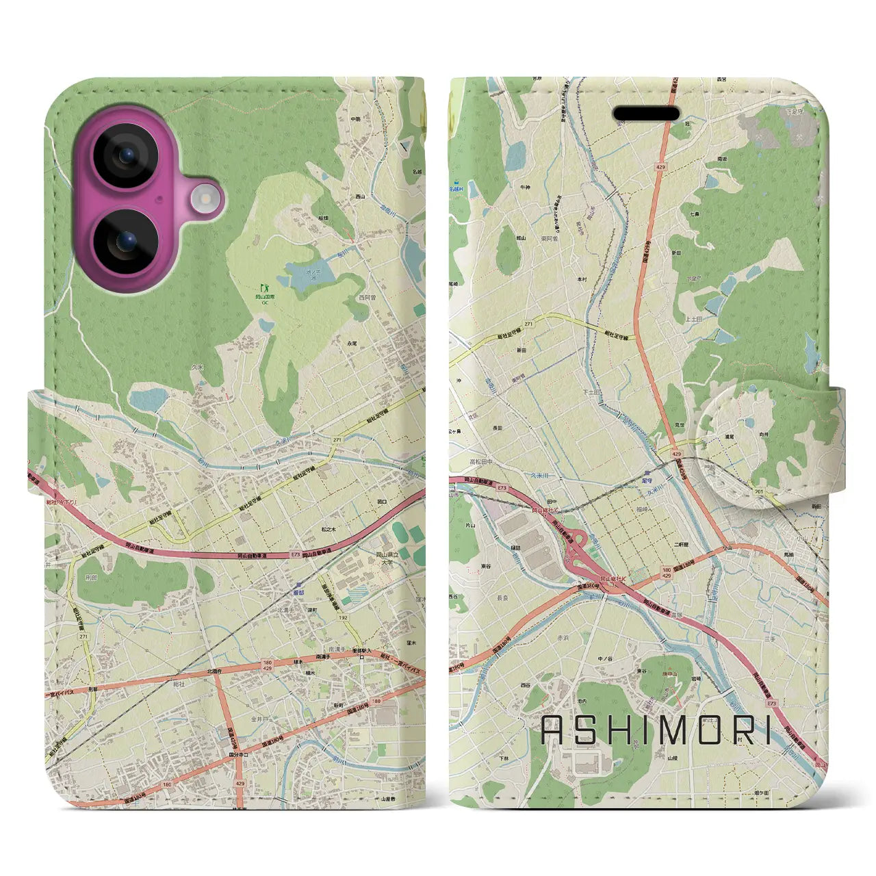 【足守(岡山県)】地図柄iPhoneケース(手帳タイプ)