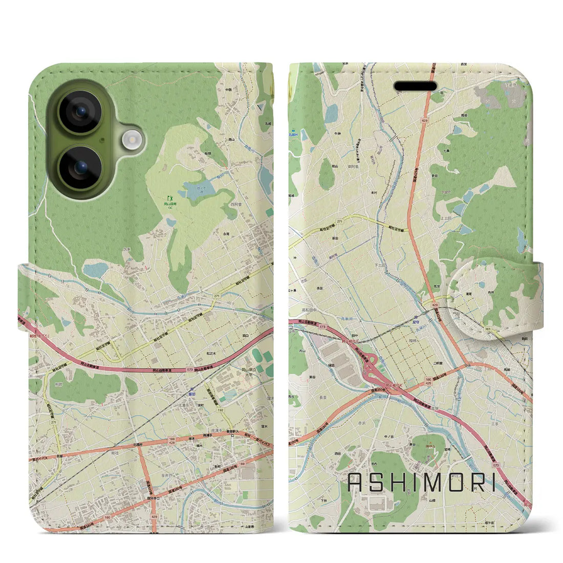 【足守(岡山県)】地図柄iPhoneケース(手帳タイプ)ナチュラル・iPhone 17 Pro Max 用