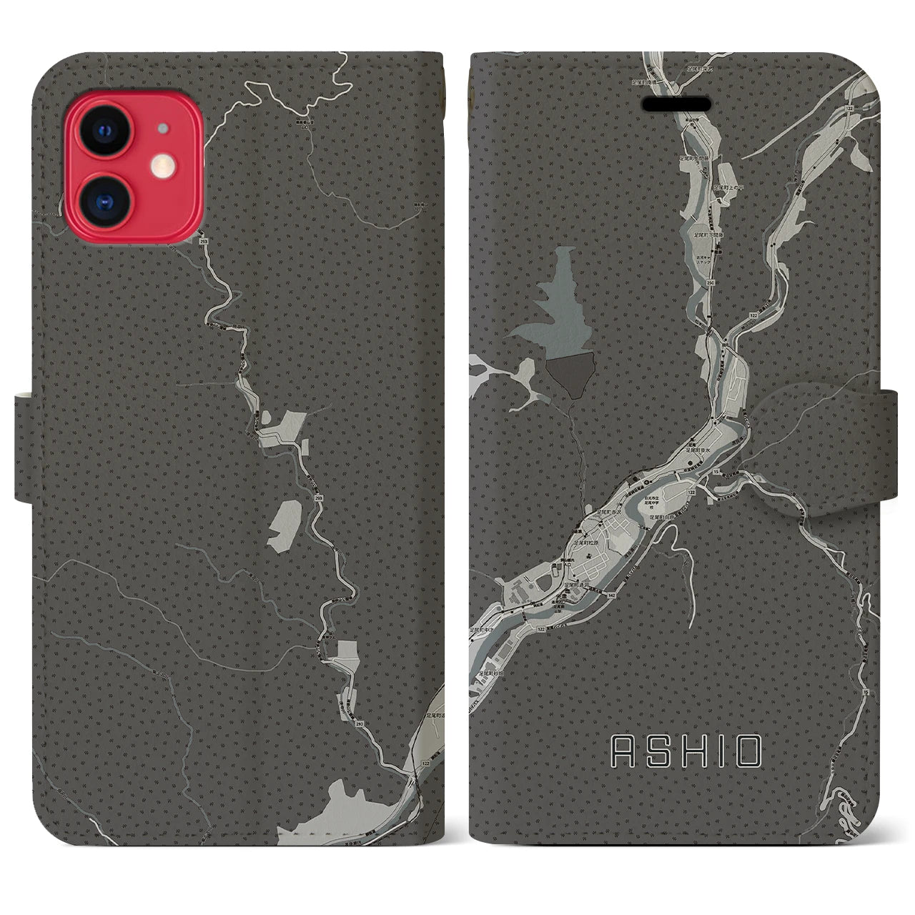 【足尾(栃木県)】地図柄iPhoneケース(手帳タイプ)モノトーン・iPhone 11 用