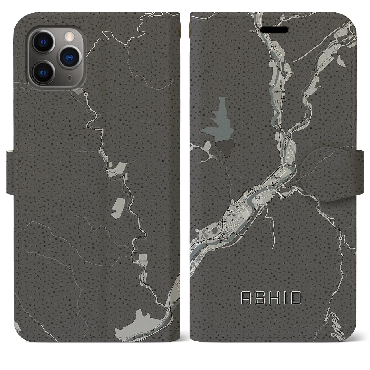 【足尾(栃木県)】地図柄iPhoneケース(手帳タイプ)モノトーン・iPhone 11 Pro Max 用