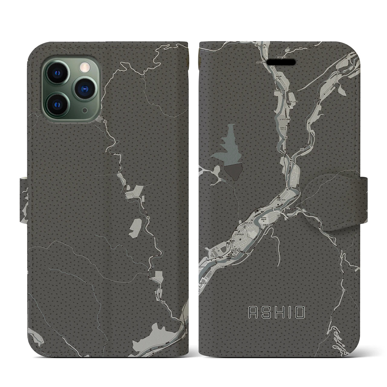 【足尾(栃木県)】地図柄iPhoneケース(手帳タイプ)モノトーン・iPhone 11 Pro 用