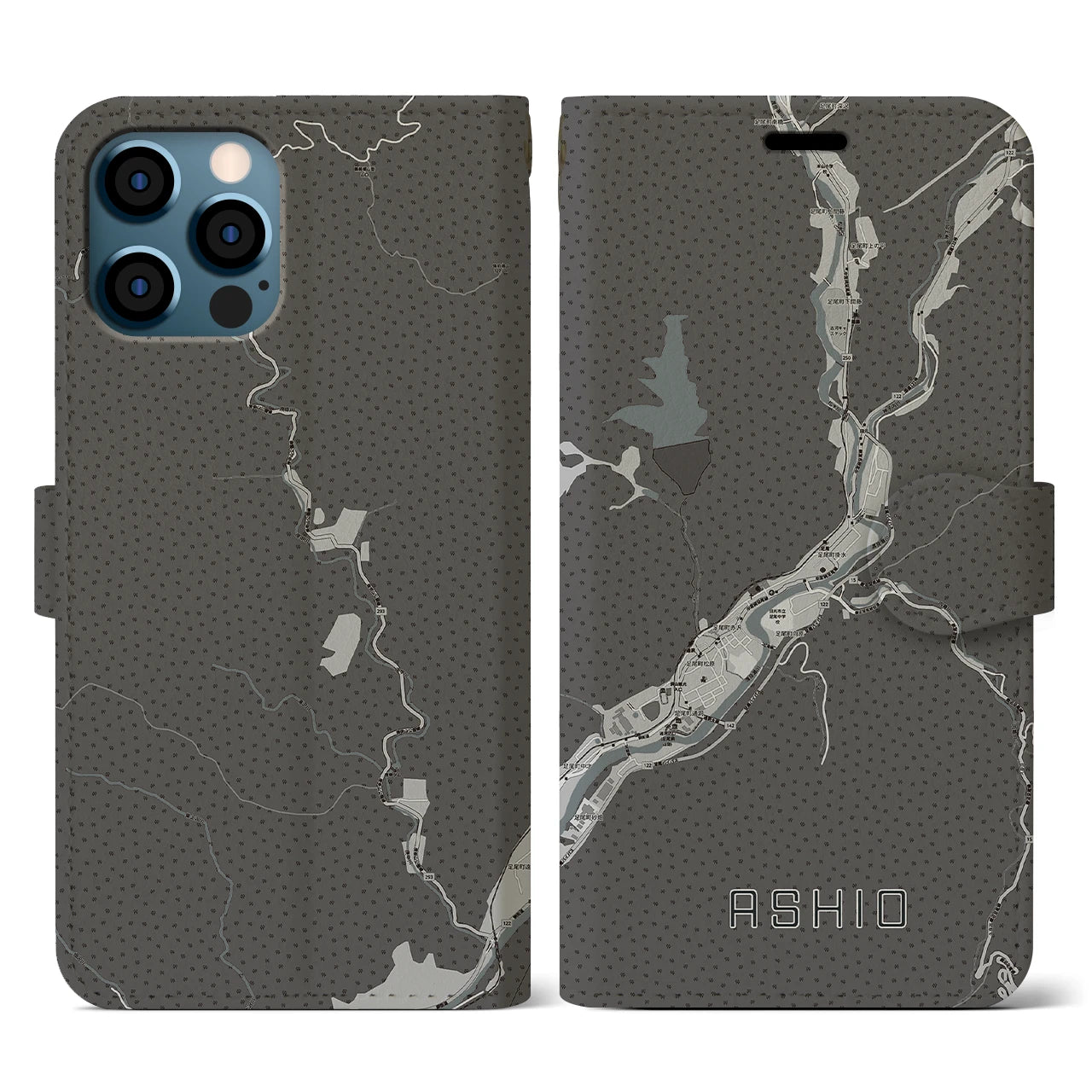 【足尾(栃木県)】地図柄iPhoneケース(手帳タイプ)モノトーン・iPhone 12 / 12 Pro 用