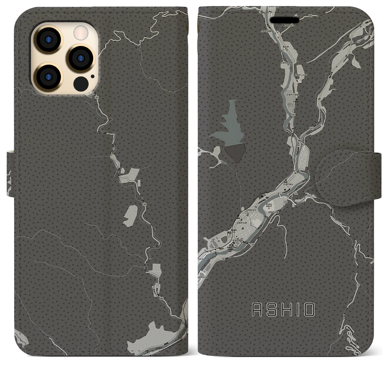 【足尾(栃木県)】地図柄iPhoneケース(手帳タイプ)モノトーン・iPhone 12 Pro Max 用