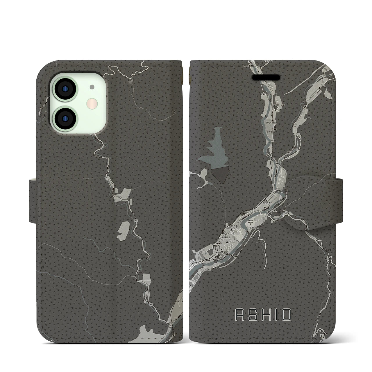 【足尾(栃木県)】地図柄iPhoneケース(手帳タイプ)モノトーン・iPhone 12 mini 用