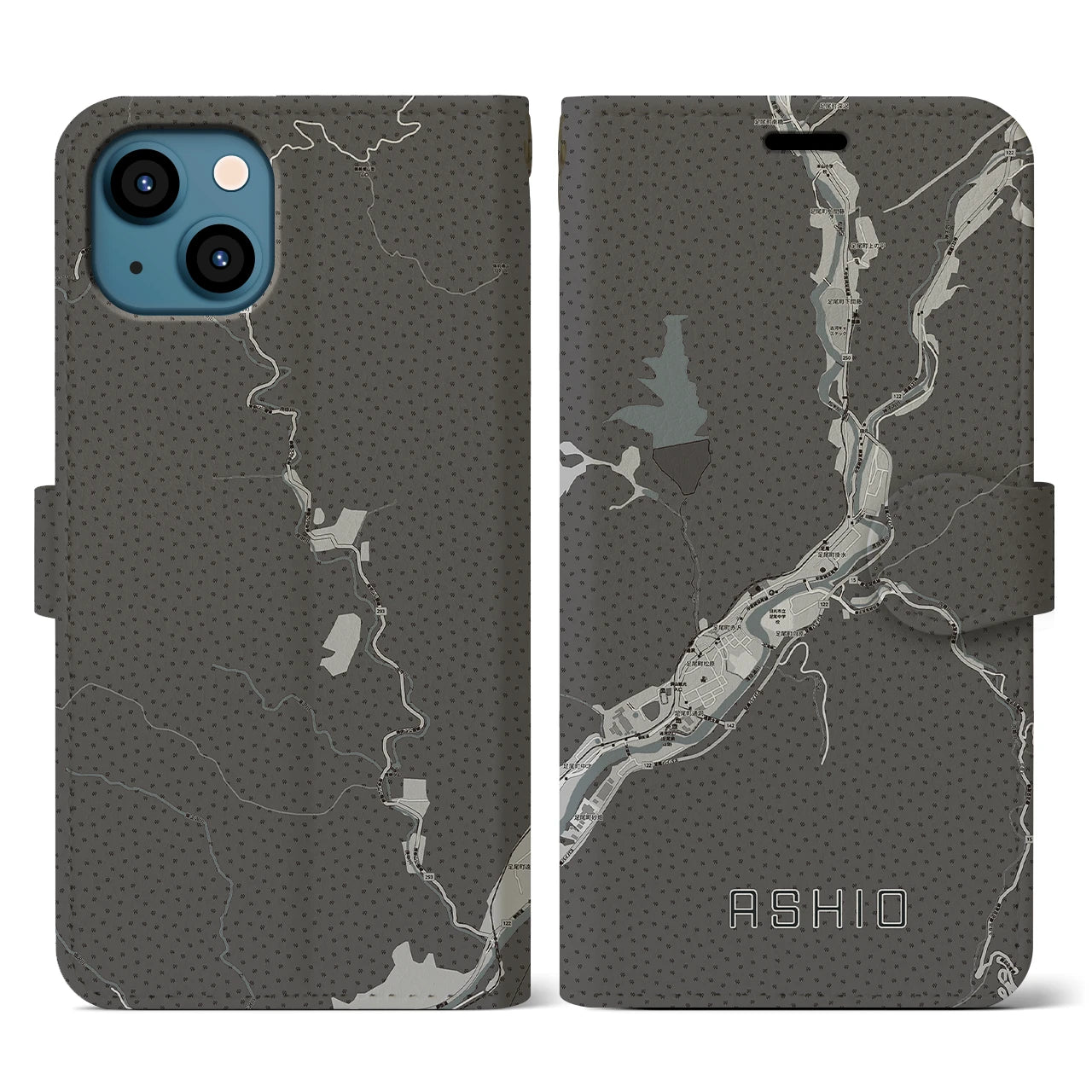 【足尾(栃木県)】地図柄iPhoneケース(手帳タイプ)モノトーン・iPhone 13 用