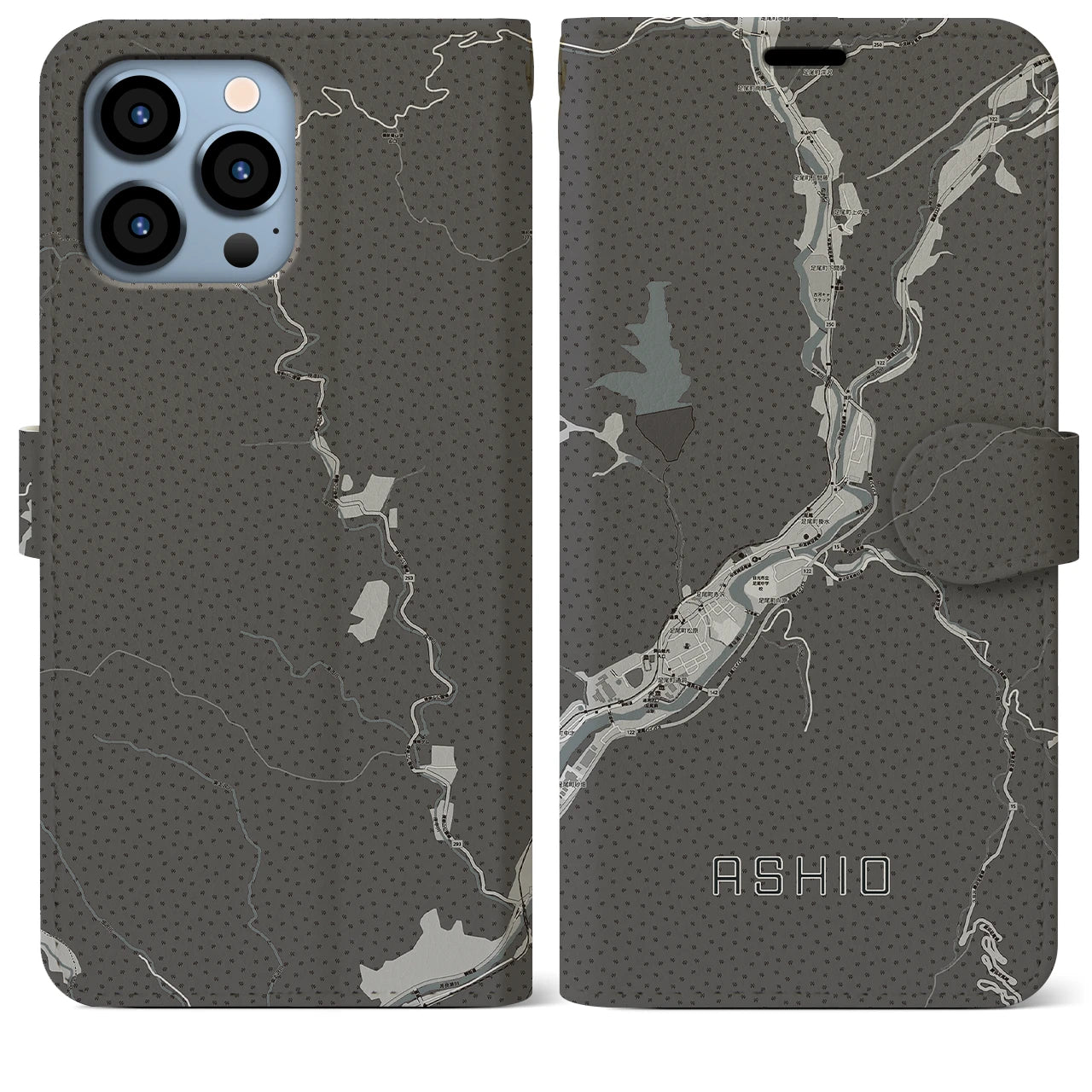 【足尾(栃木県)】地図柄iPhoneケース(手帳タイプ)モノトーン・iPhone 13 Pro Max 用