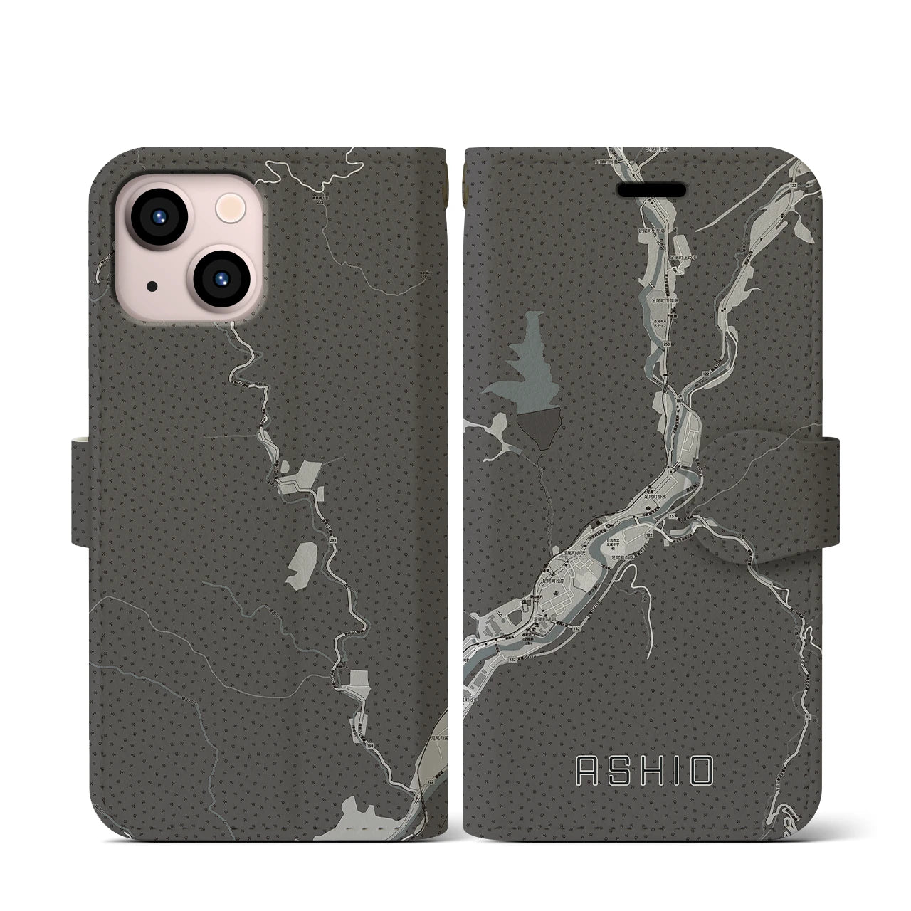 【足尾(栃木県)】地図柄iPhoneケース(手帳タイプ)モノトーン・iPhone 13 mini 用