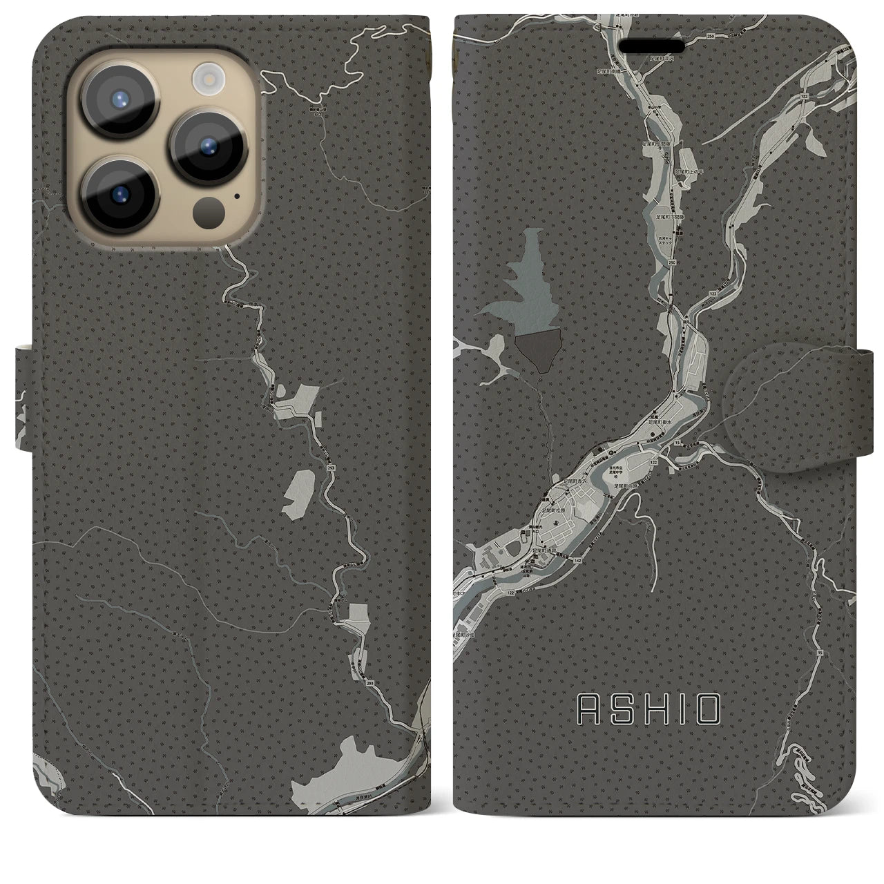 【足尾(栃木県)】地図柄iPhoneケース(手帳タイプ)モノトーン・iPhone 14 Pro Max 用