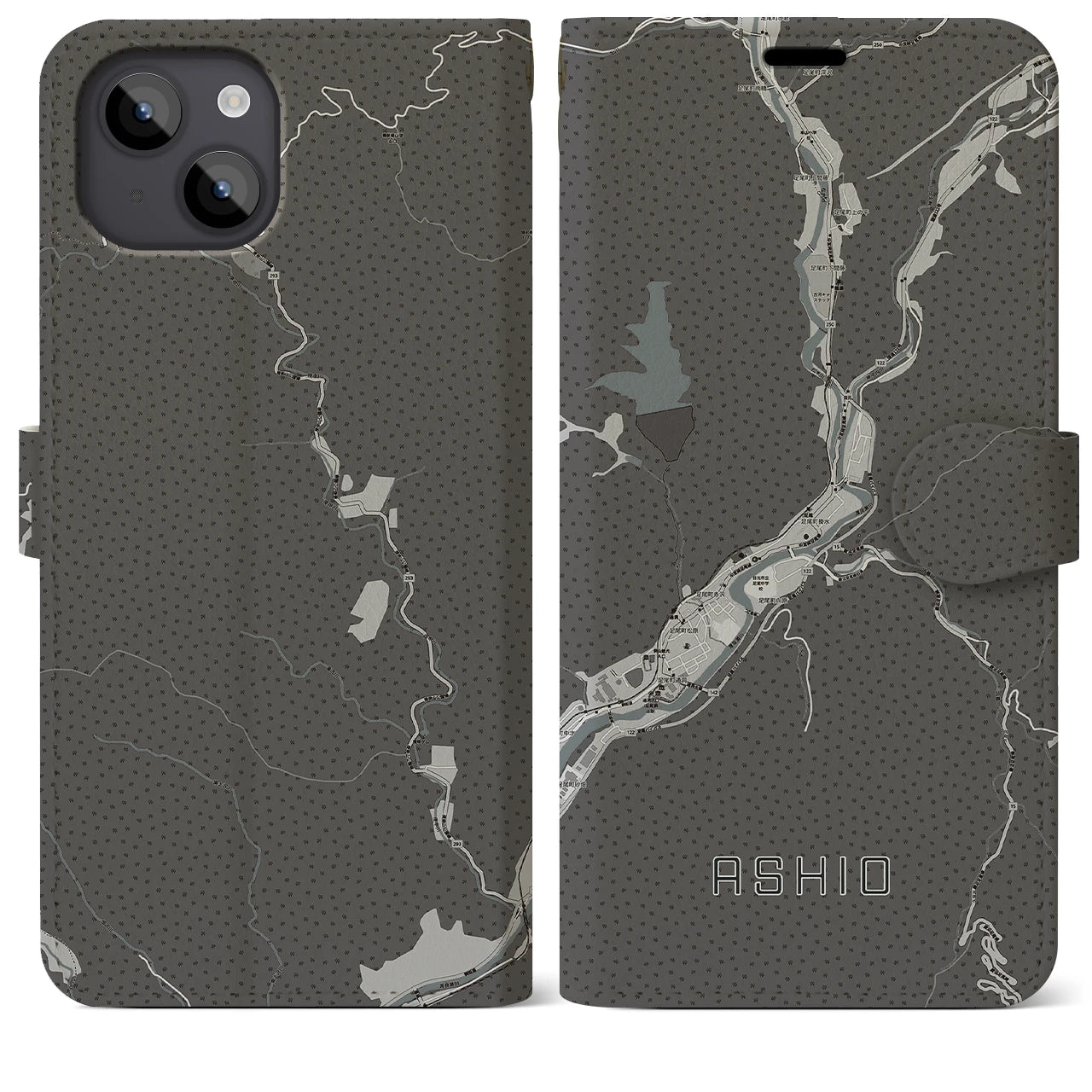 【足尾(栃木県)】地図柄iPhoneケース(手帳タイプ)モノトーン・iPhone 14 Plus 用