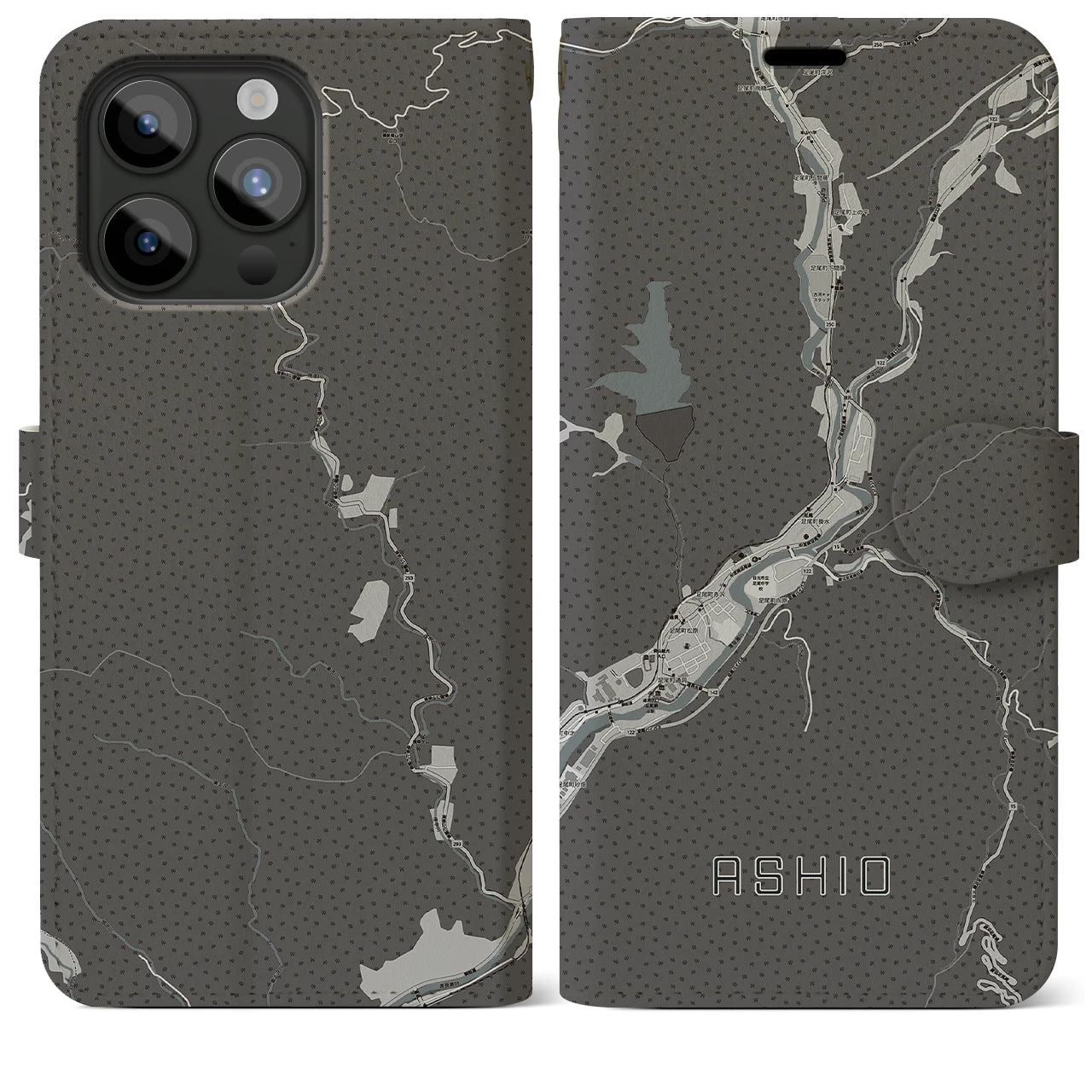 【足尾(栃木県)】地図柄iPhoneケース(手帳タイプ)モノトーン・iPhone 15 Pro Max 用