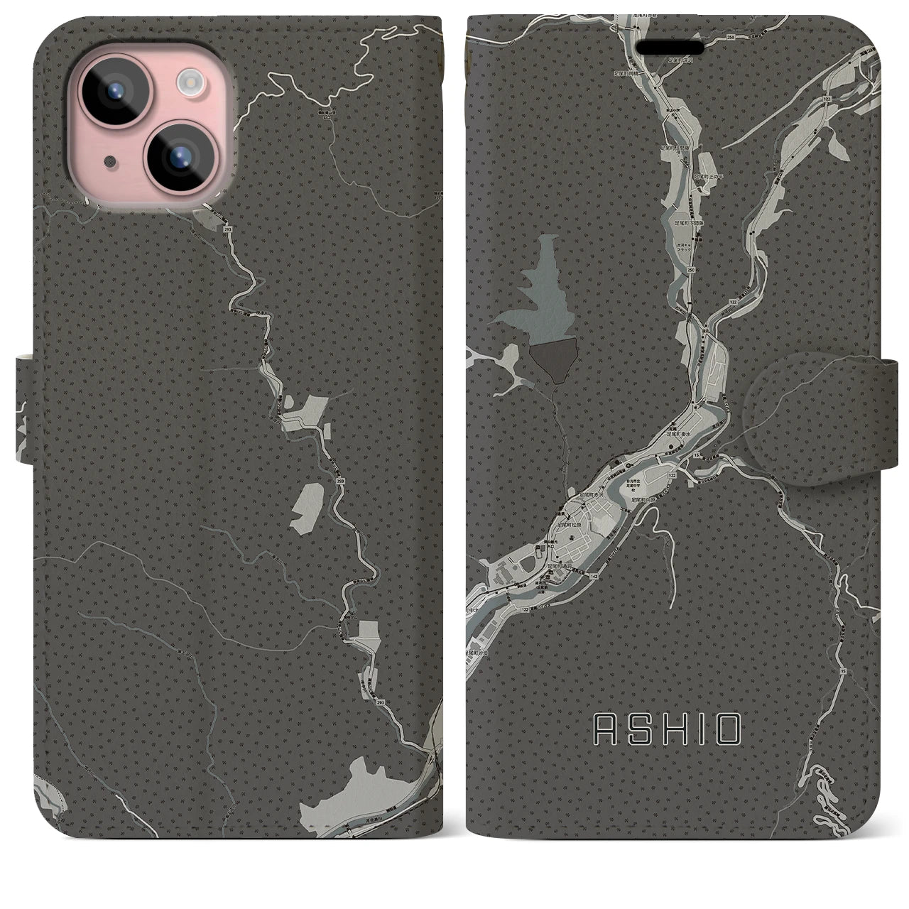 【足尾(栃木県)】地図柄iPhoneケース(手帳タイプ)モノトーン・iPhone 15 Plus 用