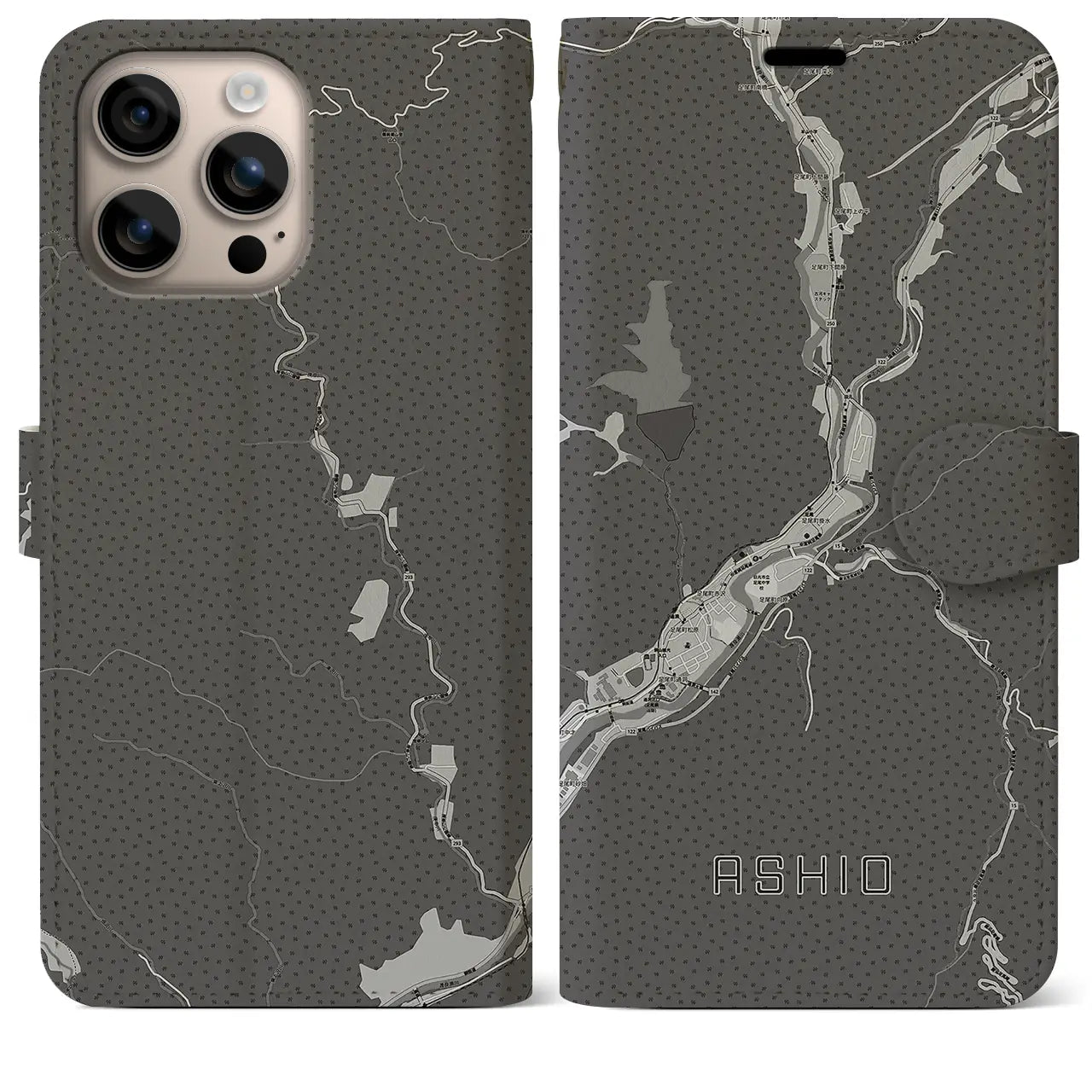 【足尾(栃木県)】地図柄iPhoneケース(手帳タイプ)モノトーン・iPhone 16 Plus 用