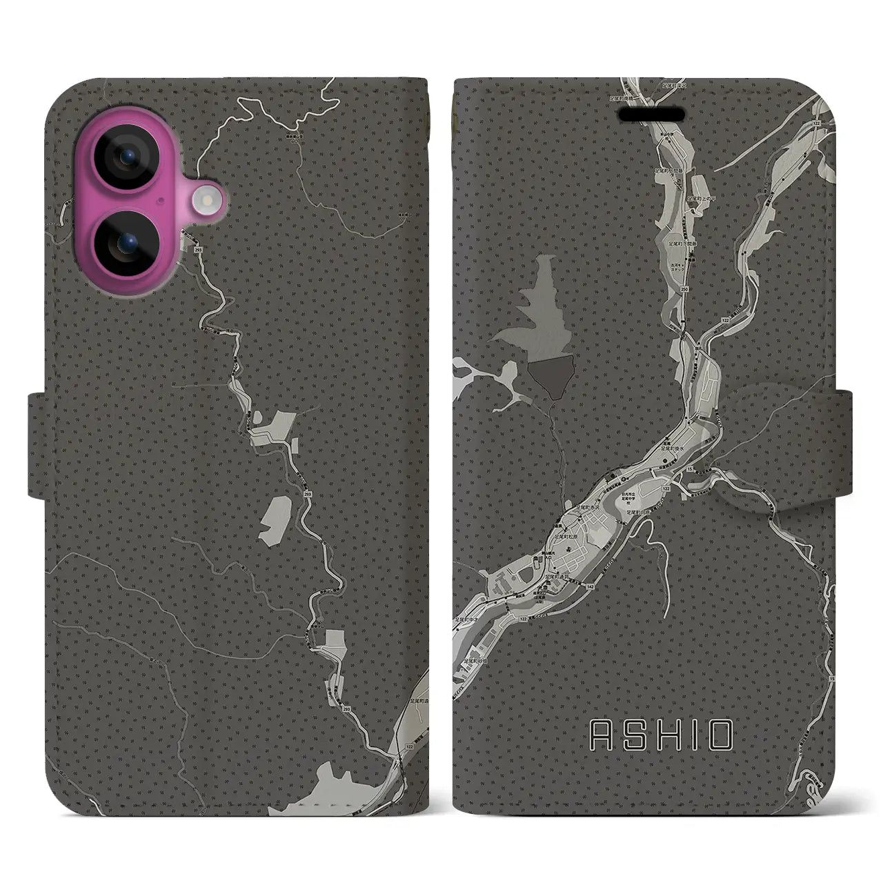 【足尾(栃木県)】地図柄iPhoneケース(手帳タイプ)モノトーン・iPhone 16 Pro 用