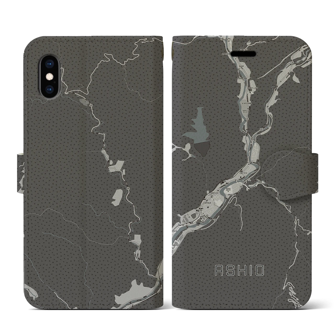 【足尾(栃木県)】地図柄iPhoneケース(手帳タイプ)モノトーン・iPhone XS / X 用