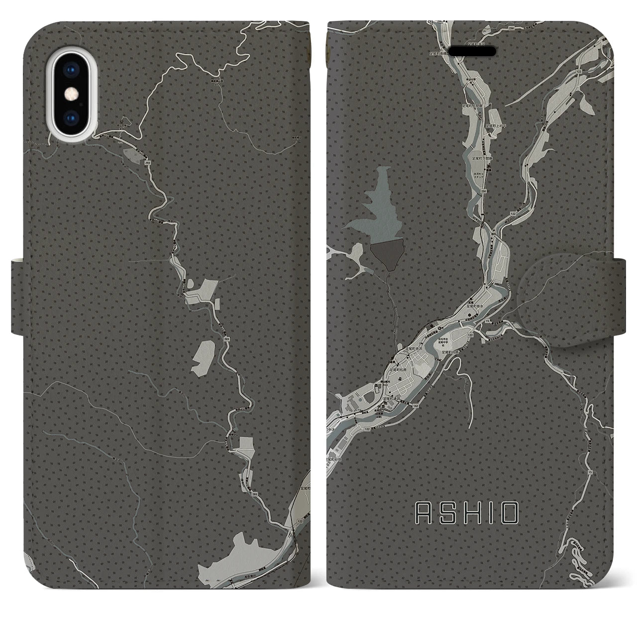 【足尾(栃木県)】地図柄iPhoneケース(手帳タイプ)モノトーン・iPhone XS Max 用