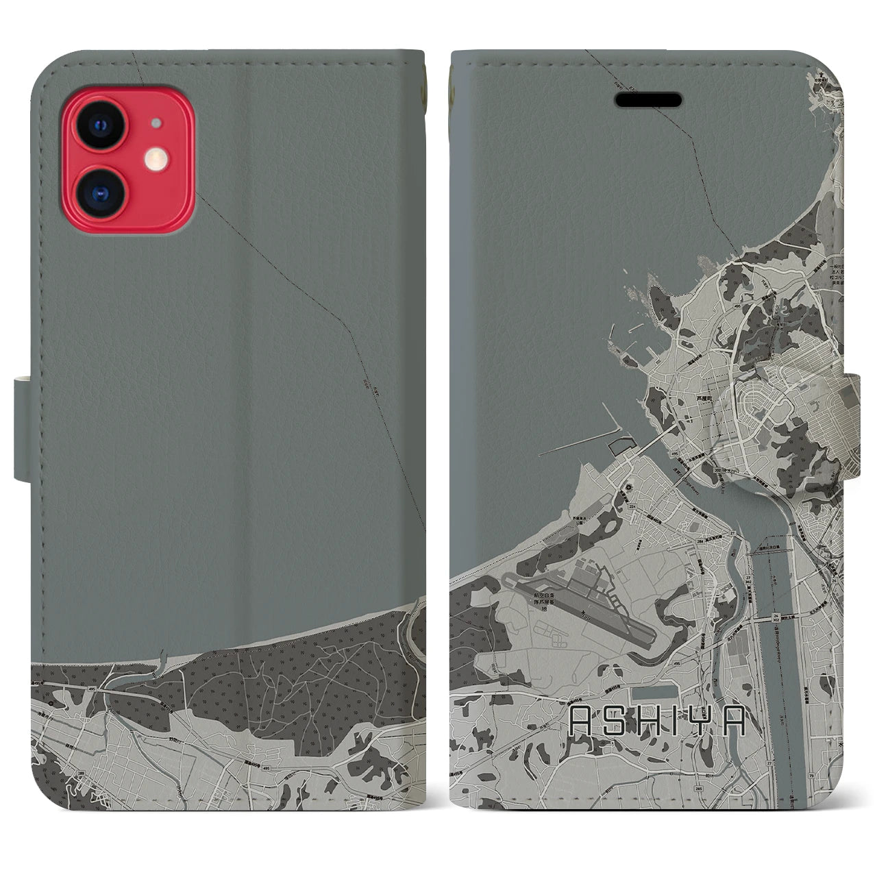 【芦屋(福岡県)】地図柄iPhoneケース(手帳タイプ)モノトーン・iPhone 11 用