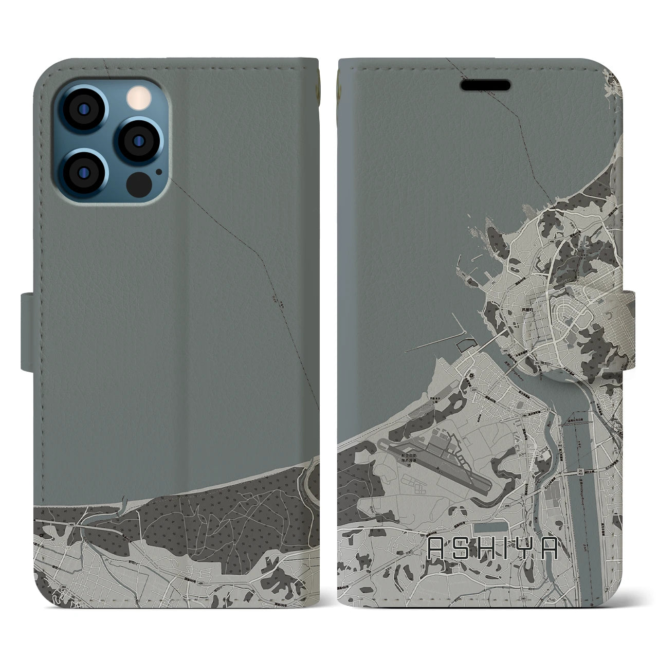 【芦屋(福岡県)】地図柄iPhoneケース(手帳タイプ)モノトーン・iPhone 12 / 12 Pro 用
