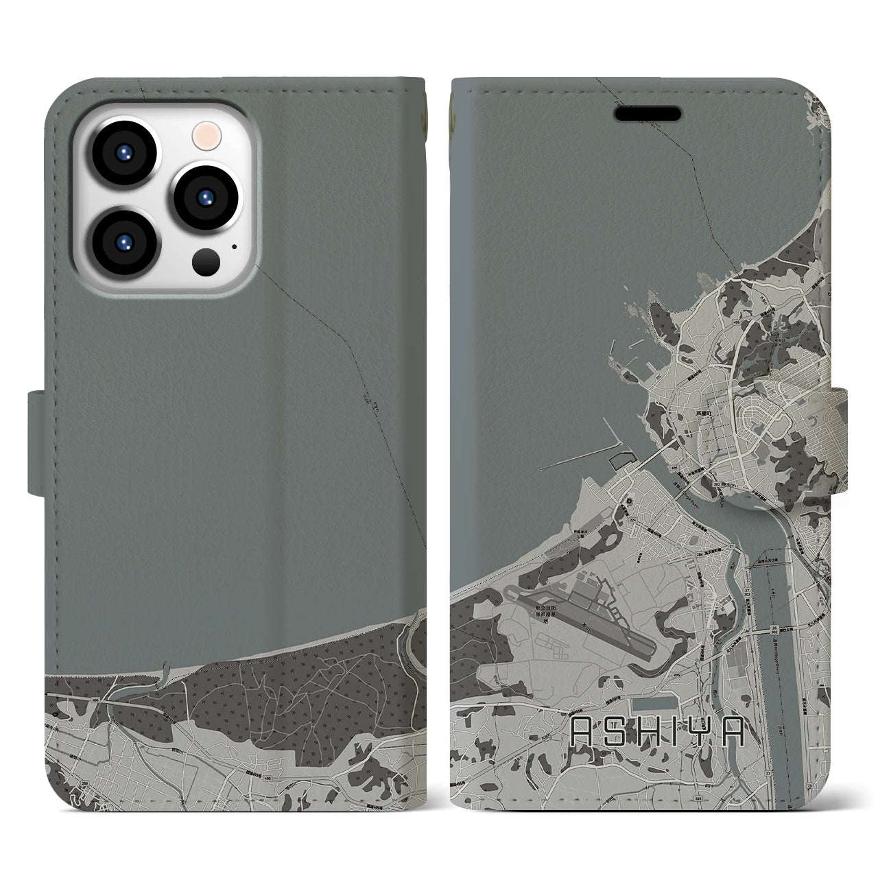 【芦屋(福岡県)】地図柄iPhoneケース(手帳タイプ)モノトーン・iPhone 13 Pro 用