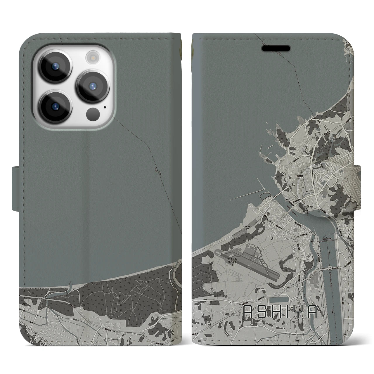 【芦屋(福岡県)】地図柄iPhoneケース(手帳タイプ)モノトーン・iPhone 14 Pro 用