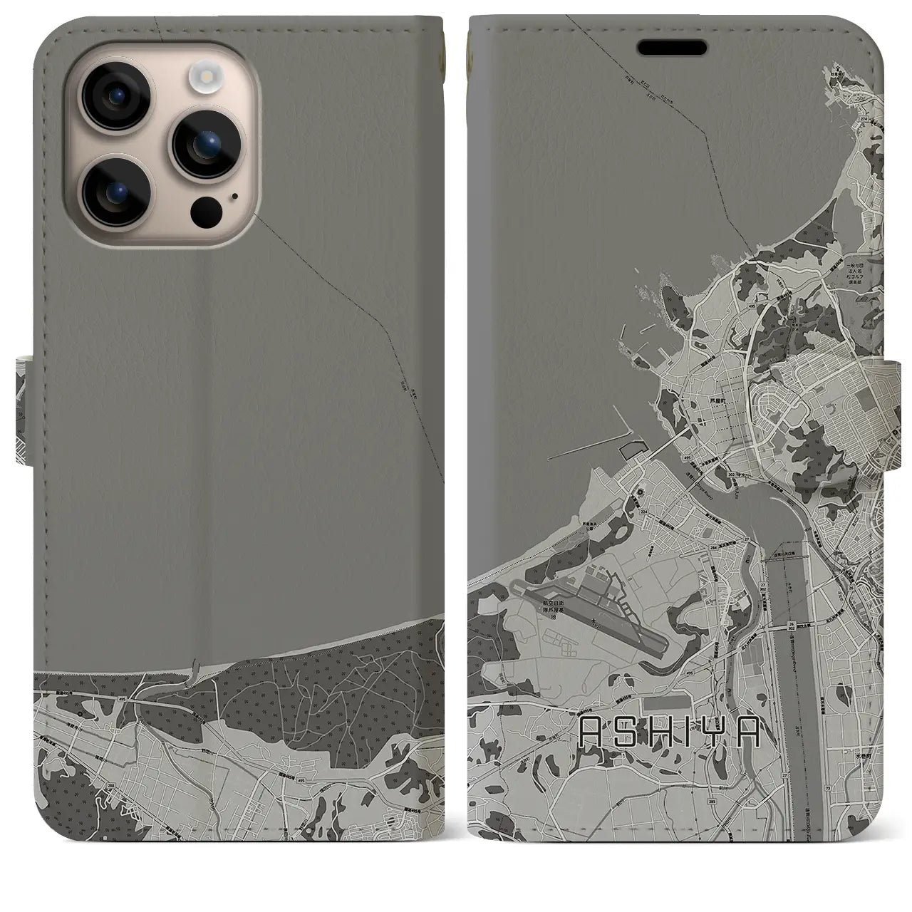 【芦屋(福岡県)】地図柄iPhoneケース(手帳タイプ)モノトーン・iPhone 16 Plus 用