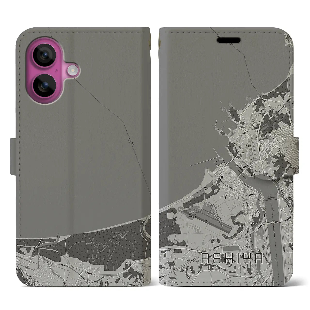 【芦屋(福岡県)】地図柄iPhoneケース(手帳タイプ)モノトーン・iPhone 16 Pro 用