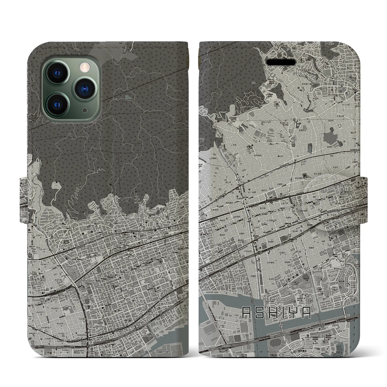 【芦屋(兵庫県)】地図柄iPhoneケース(手帳タイプ)モノトーン・iPhone 11 Pro 用