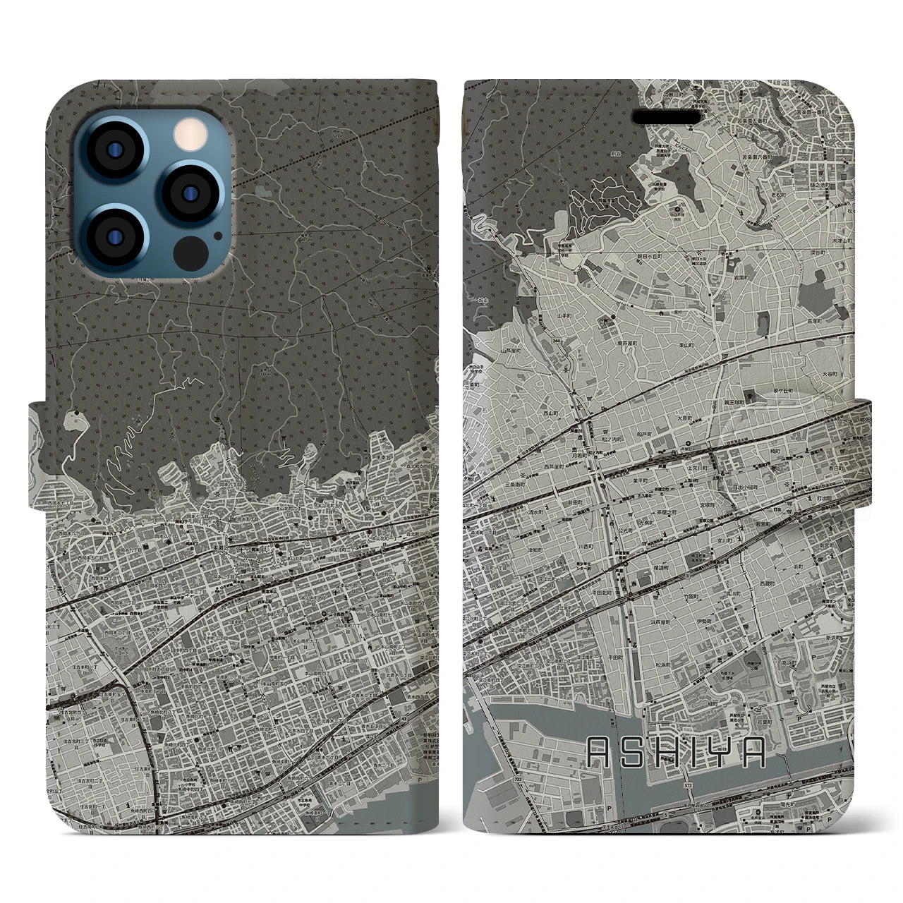 【芦屋(兵庫県)】地図柄iPhoneケース(手帳タイプ)モノトーン・iPhone 12 / 12 Pro 用