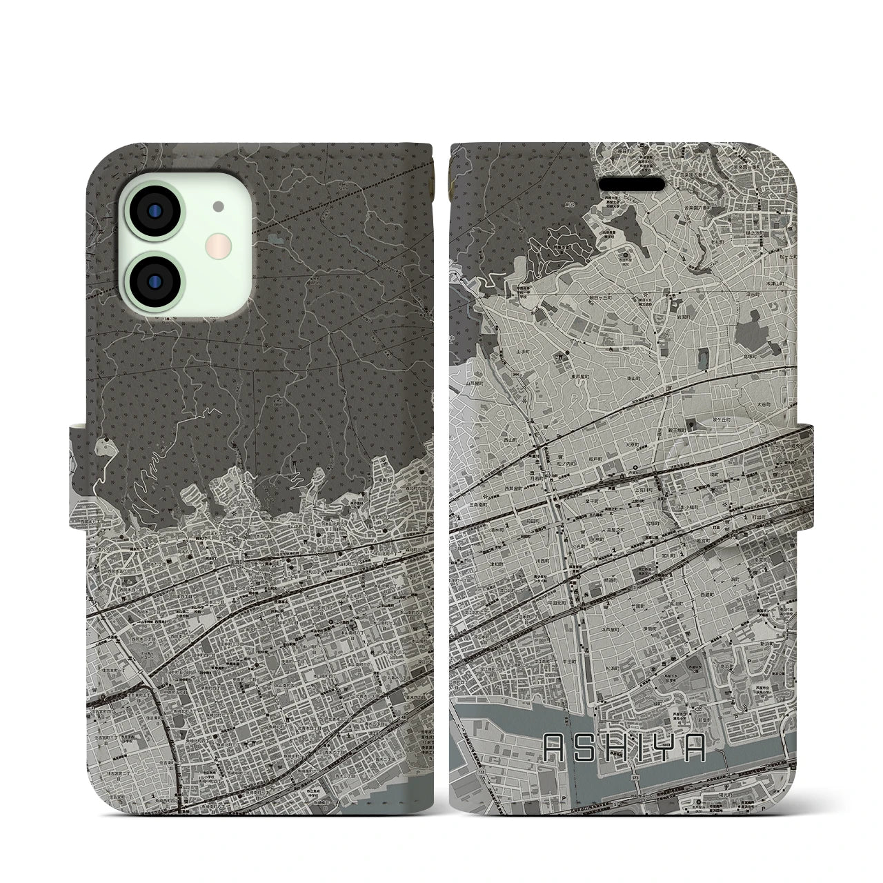 【芦屋(兵庫県)】地図柄iPhoneケース(手帳タイプ)モノトーン・iPhone 12 mini 用