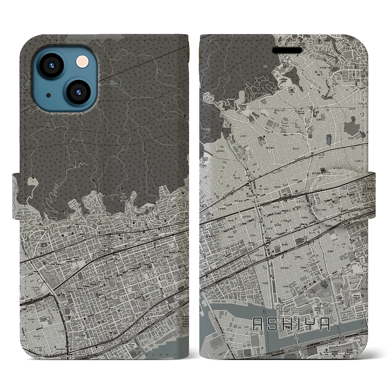 【芦屋(兵庫県)】地図柄iPhoneケース(手帳タイプ)モノトーン・iPhone 13 用