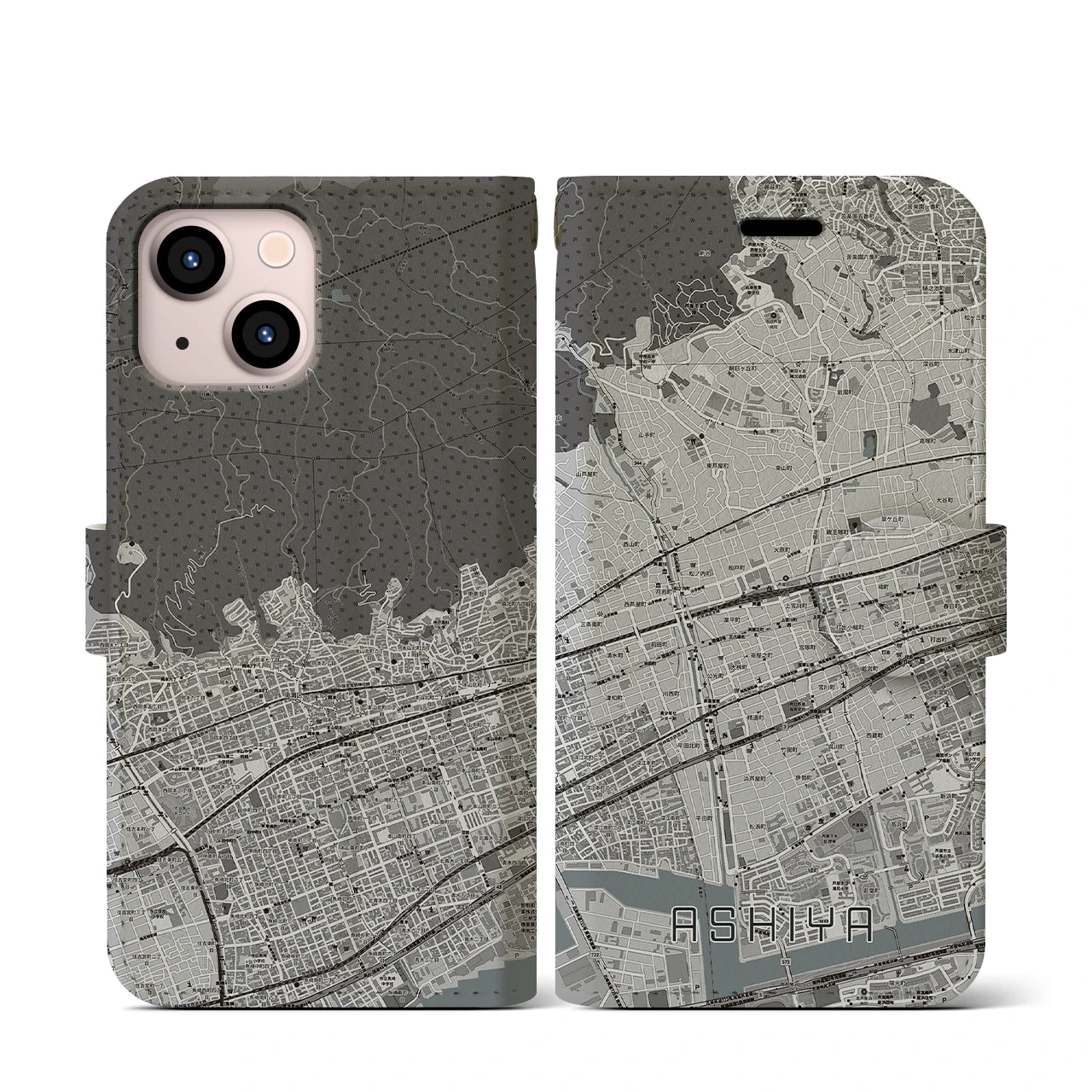 【芦屋(兵庫県)】地図柄iPhoneケース(手帳タイプ)モノトーン・iPhone 13 mini 用