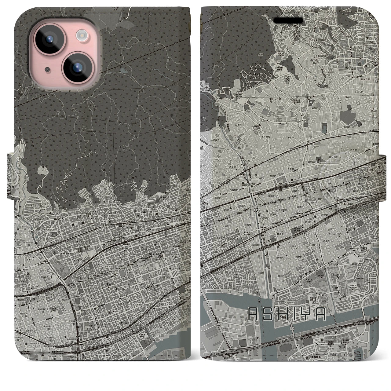 【芦屋(兵庫県)】地図柄iPhoneケース(手帳タイプ)モノトーン・iPhone 15 Plus 用