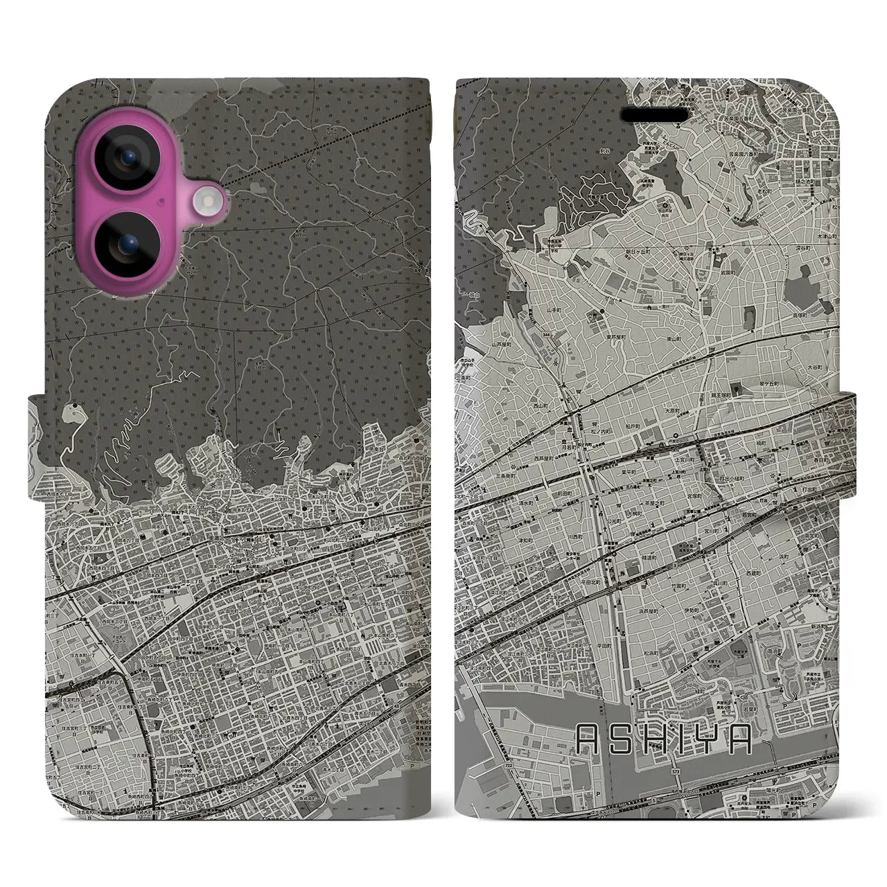 【芦屋(兵庫県)】地図柄iPhoneケース(手帳タイプ)モノトーン・iPhone 16 Pro 用