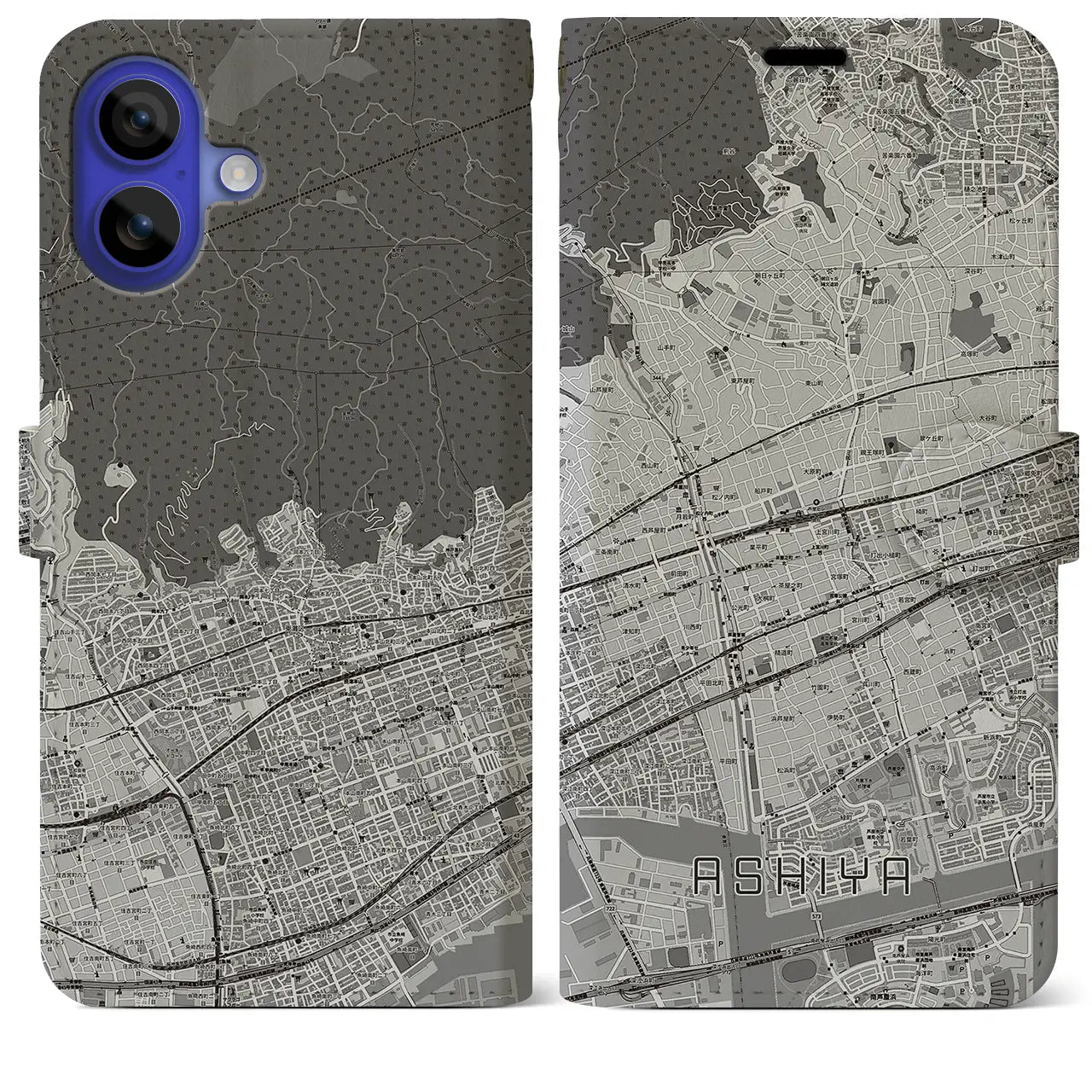 【芦屋(兵庫県)】地図柄iPhoneケース(手帳タイプ)モノトーン・iPhone 16 Pro Max 用