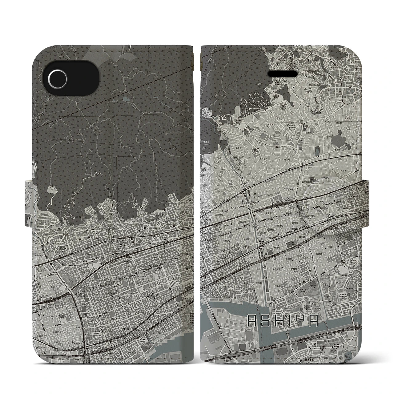 【芦屋(兵庫県)】地図柄iPhoneケース(手帳タイプ)モノトーン・iPhone SE(第3 / 第2世代) / 8 / 7 / 6s / 6 用