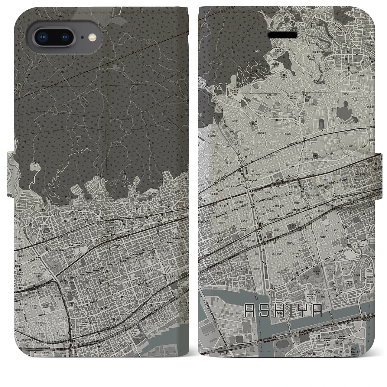 【芦屋(兵庫県)】地図柄iPhoneケース(手帳タイプ)モノトーン・iPhone 8Plus /7Plus / 6sPlus / 6Plus 用