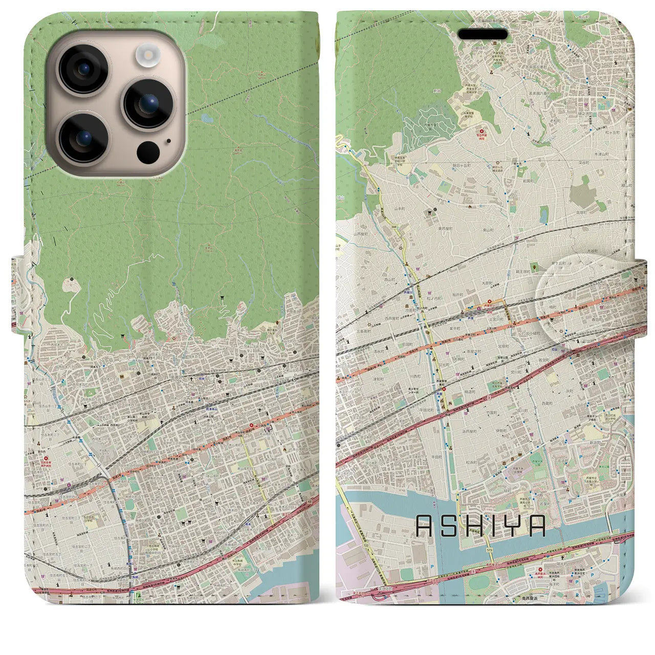 【芦屋(兵庫県)】地図柄iPhoneケース(手帳タイプ)ナチュラル・iPhone 16 Plus 用