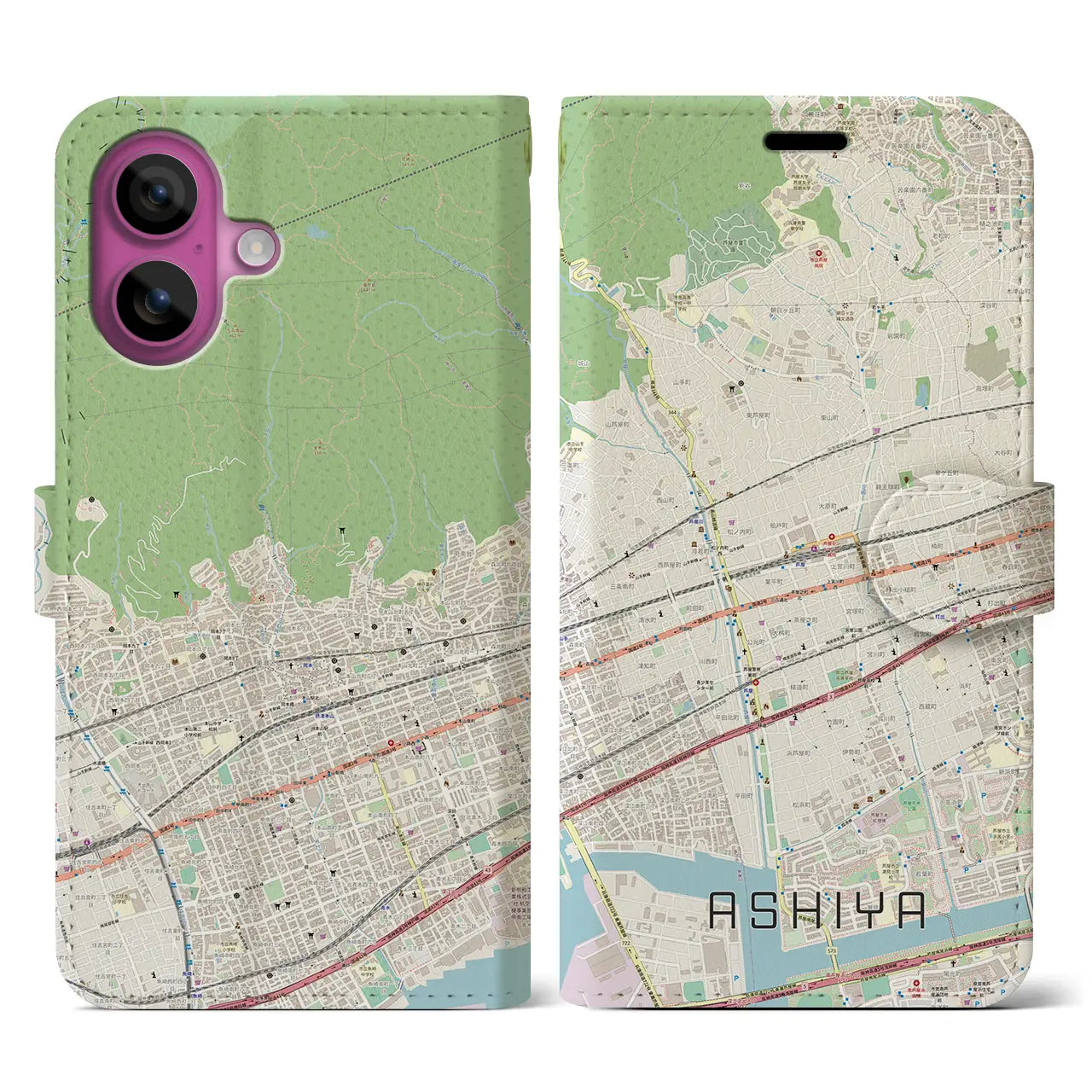 【芦屋(兵庫県)】地図柄iPhoneケース(手帳タイプ)ナチュラル・iPhone 16 Pro 用