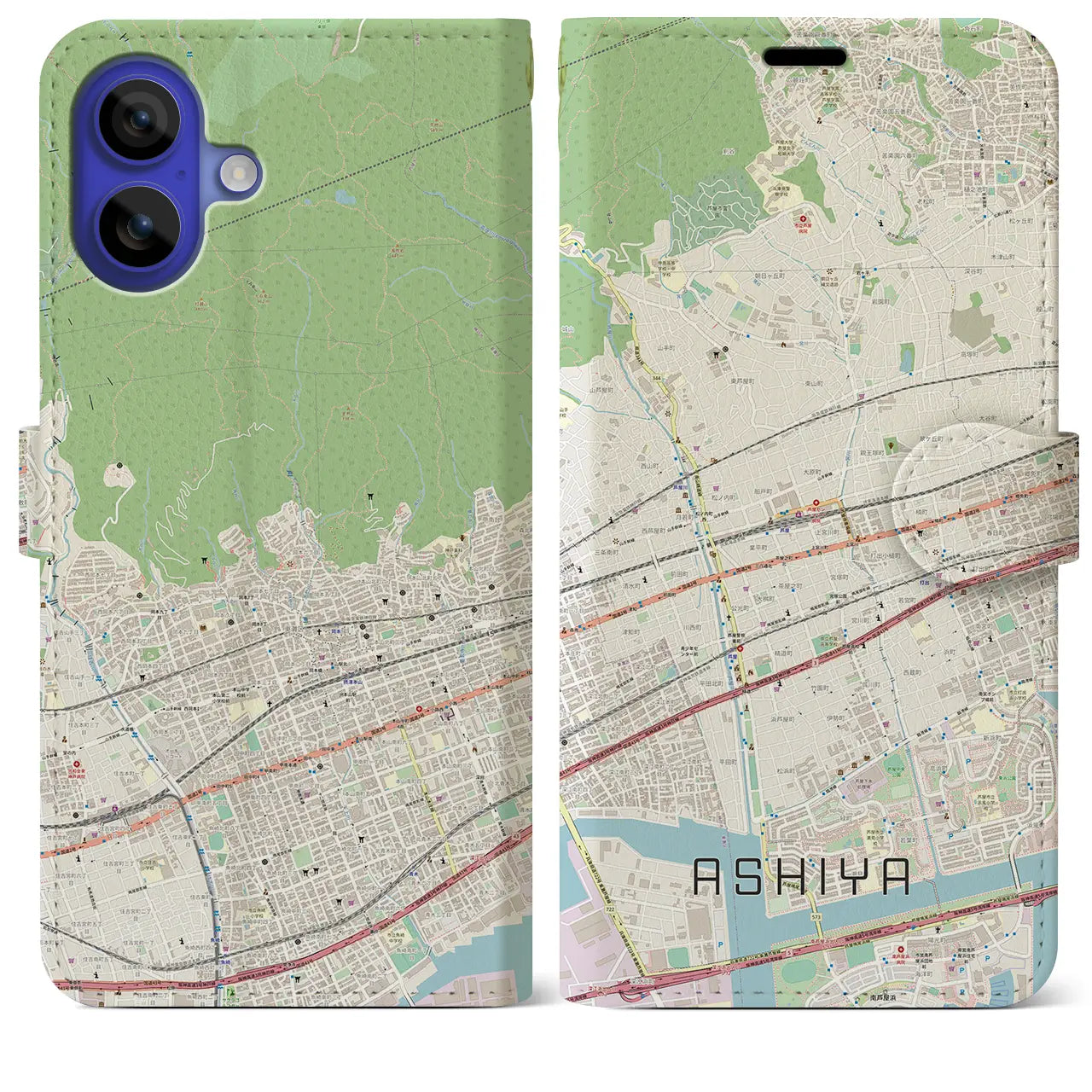 【芦屋(兵庫県)】地図柄iPhoneケース(手帳タイプ)ナチュラル・iPhone 16 Pro Max 用