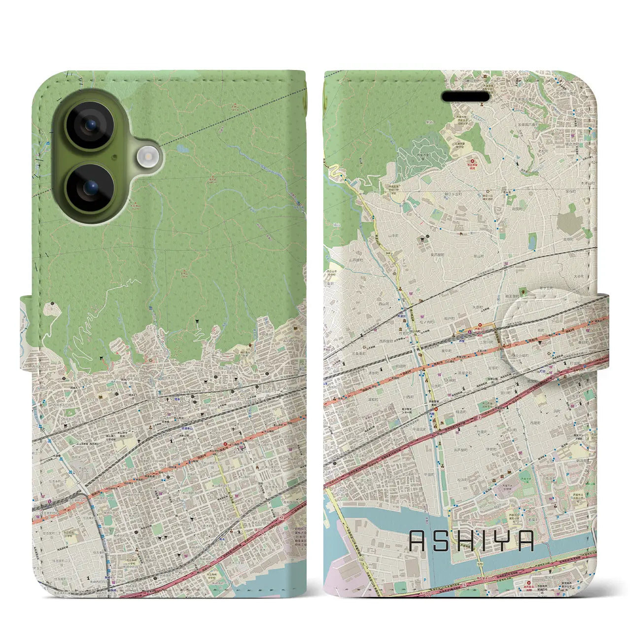 【芦屋(兵庫県)】地図柄iPhoneケース(手帳タイプ)ナチュラル・iPhone 17 Pro Max 用