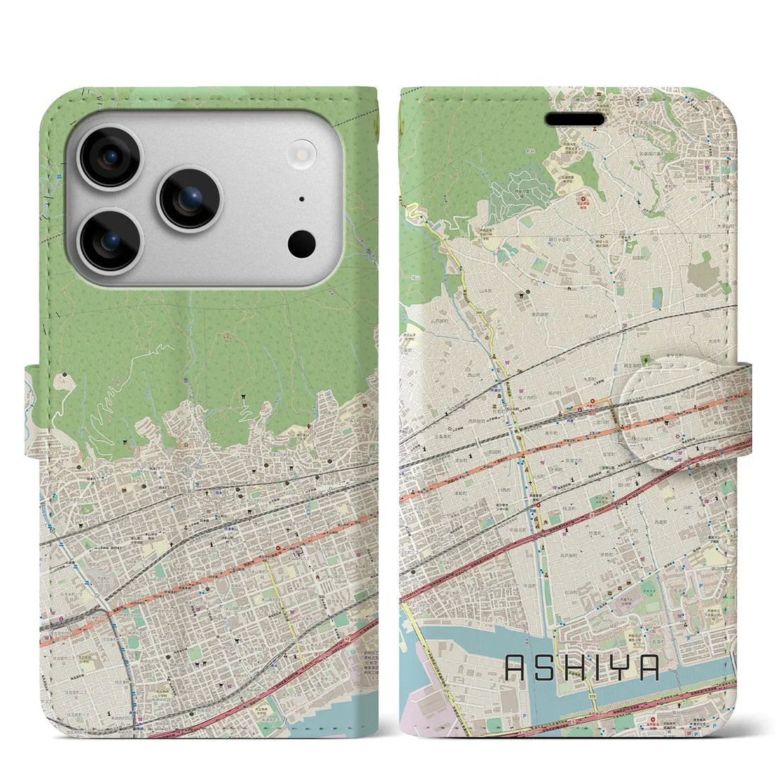 【芦屋(兵庫県)】地図柄iPhoneケース(手帳タイプ)モノトーン・iPhone 17 Pro Max 用