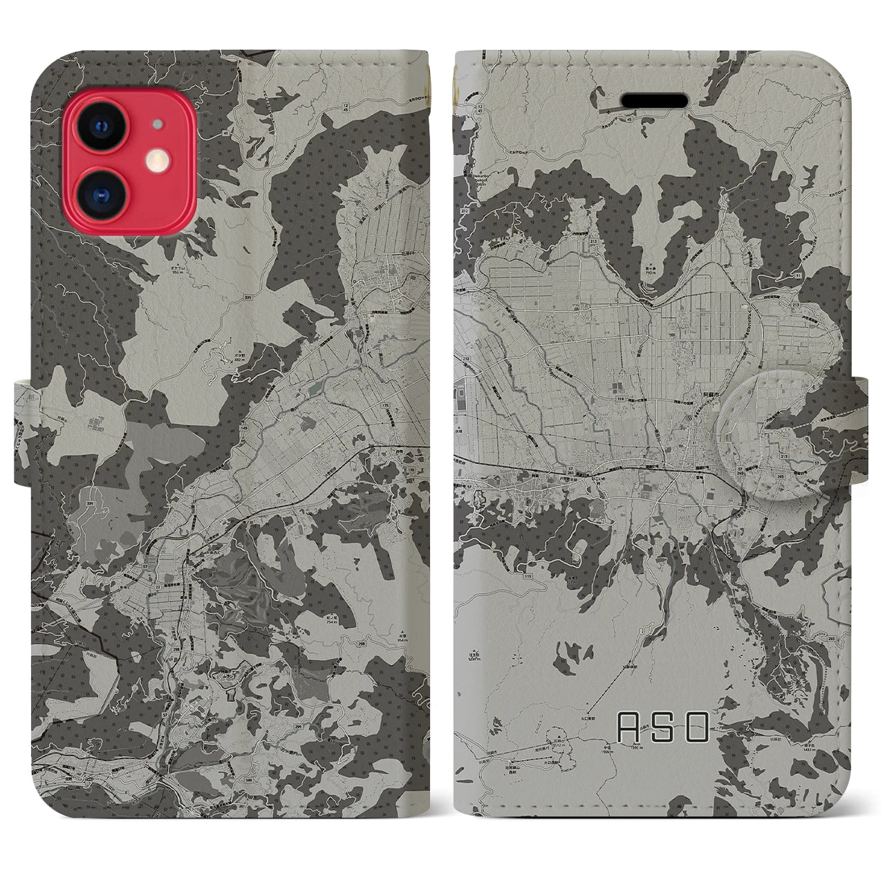 【阿蘇2(熊本県)】地図柄iPhoneケース(手帳タイプ)モノトーン・iPhone 11 用