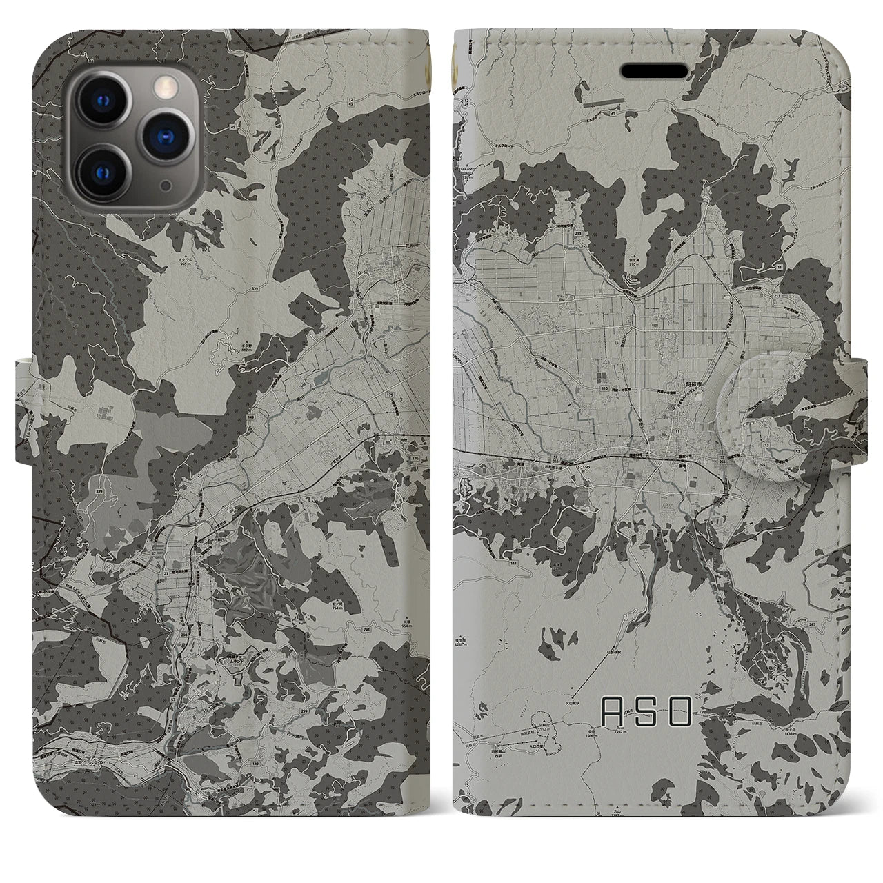 【阿蘇2(熊本県)】地図柄iPhoneケース(手帳タイプ)モノトーン・iPhone 11 Pro Max 用
