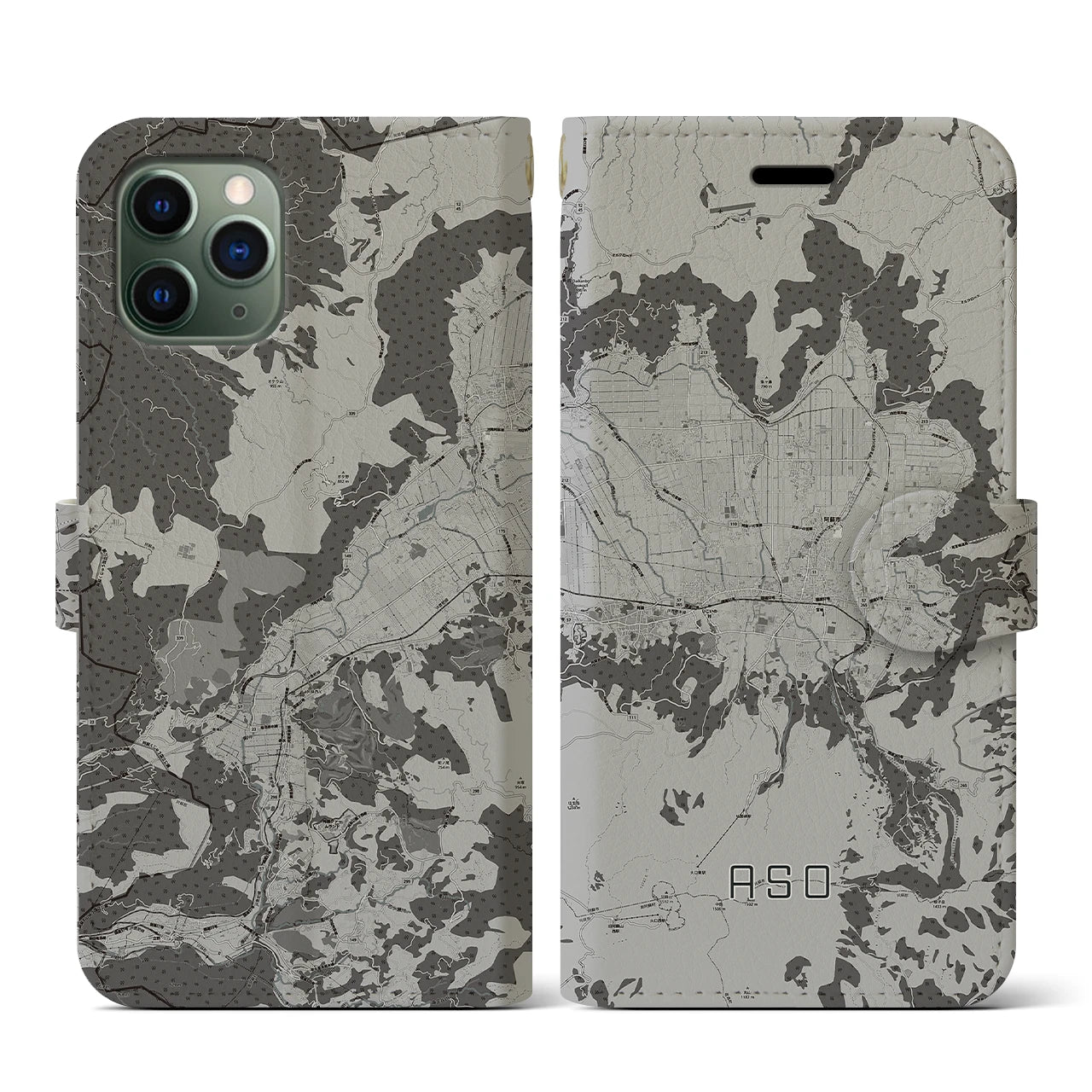 【阿蘇2(熊本県)】地図柄iPhoneケース(手帳タイプ)モノトーン・iPhone 11 Pro 用