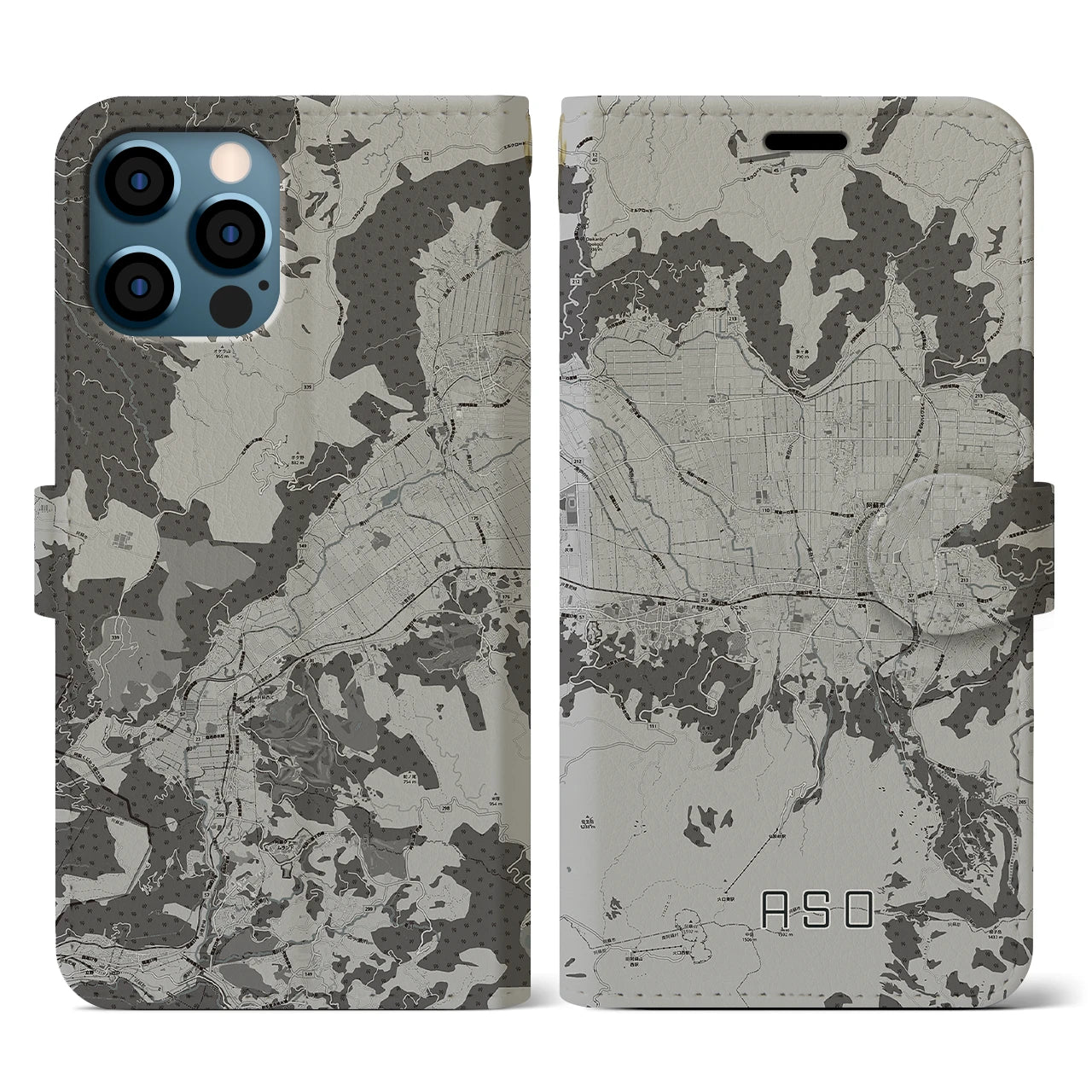 【阿蘇2(熊本県)】地図柄iPhoneケース(手帳タイプ)モノトーン・iPhone 12 / 12 Pro 用