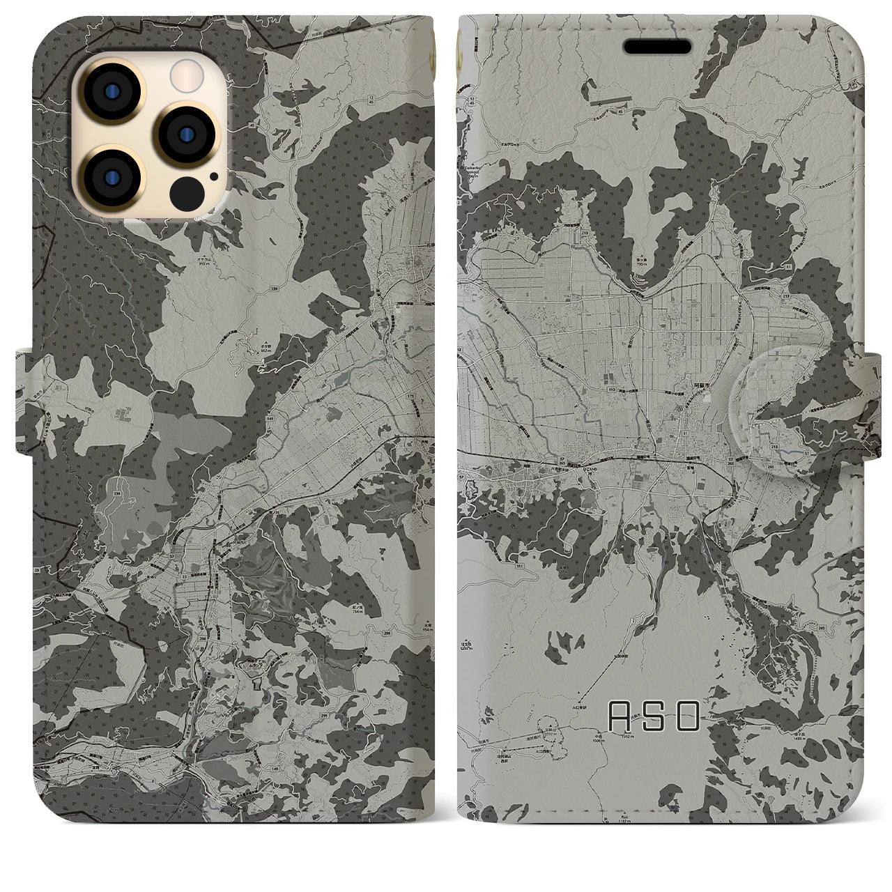 【阿蘇2(熊本県)】地図柄iPhoneケース(手帳タイプ)モノトーン・iPhone 12 Pro Max 用