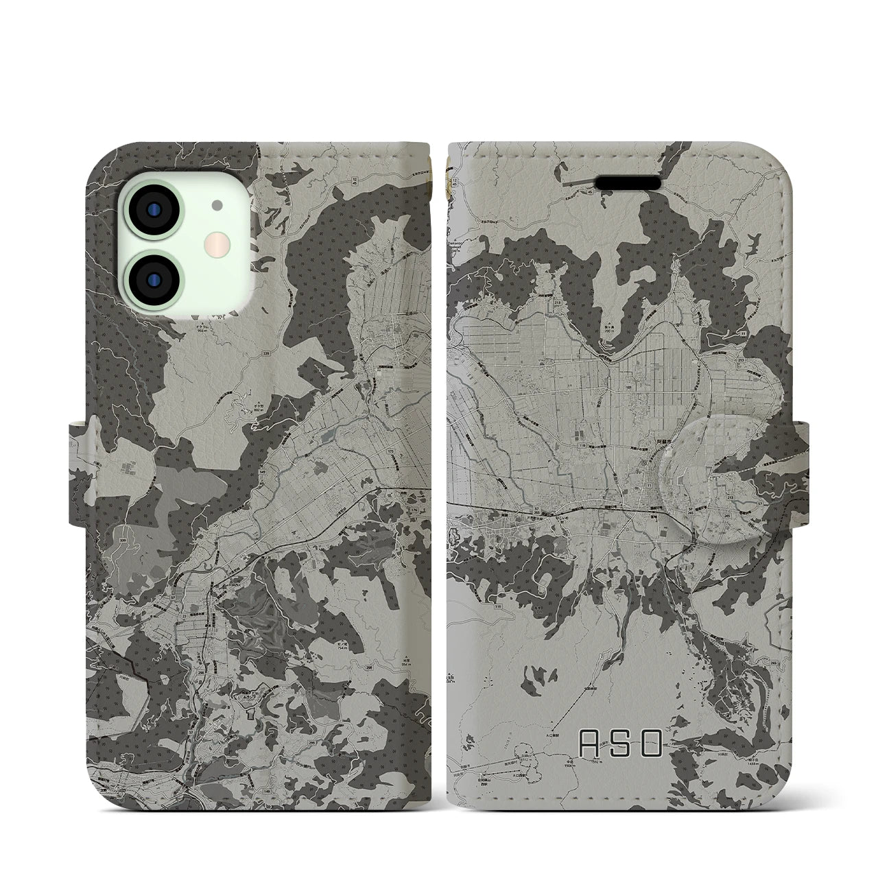 【阿蘇2(熊本県)】地図柄iPhoneケース(手帳タイプ)モノトーン・iPhone 12 mini 用