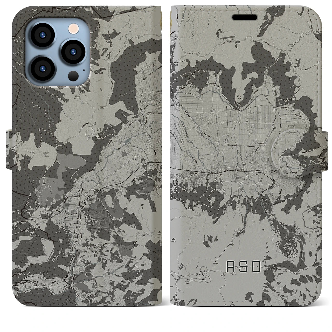 【阿蘇2(熊本県)】地図柄iPhoneケース(手帳タイプ)モノトーン・iPhone 13 Pro Max 用