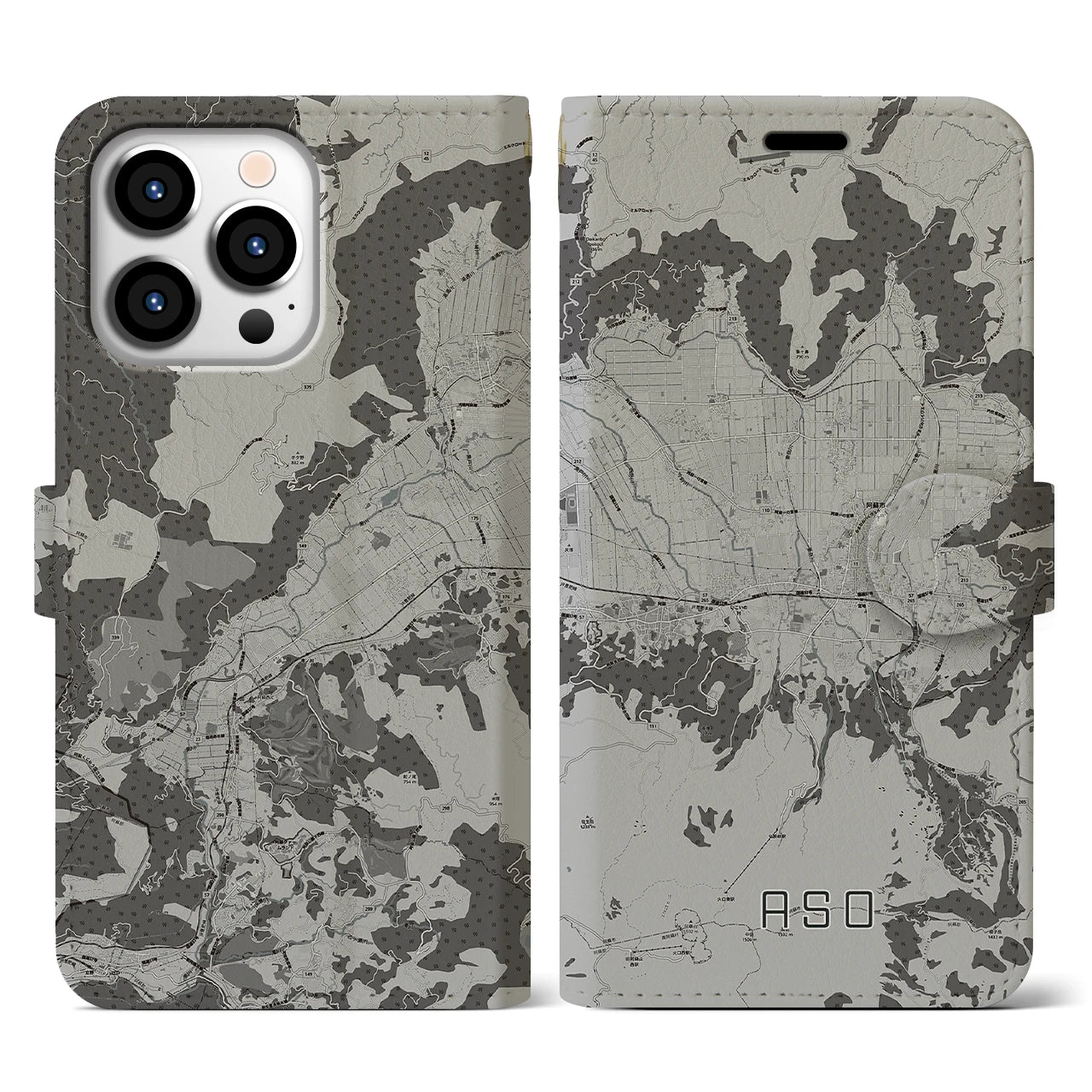 【阿蘇2(熊本県)】地図柄iPhoneケース(手帳タイプ)モノトーン・iPhone 13 Pro 用