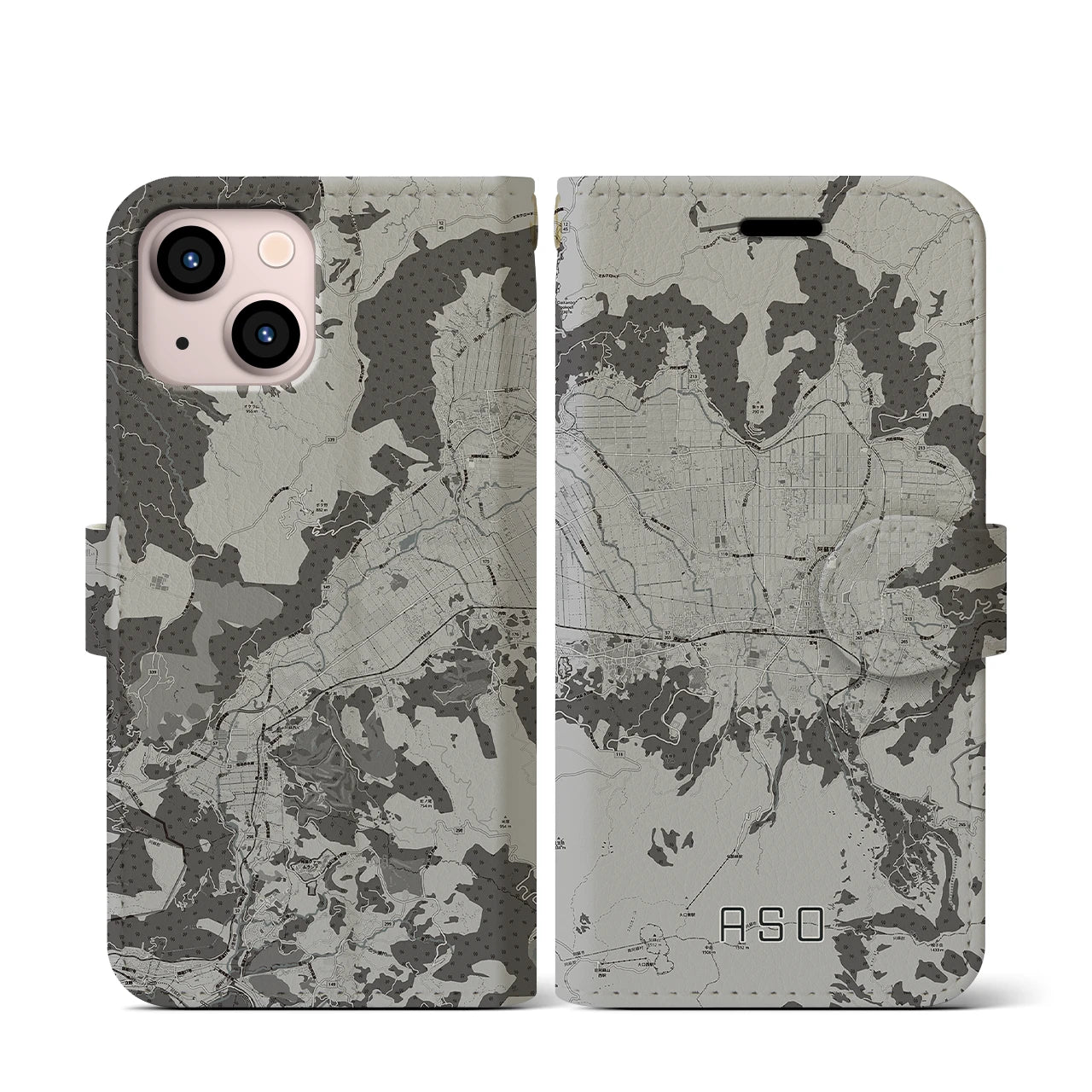 【阿蘇2(熊本県)】地図柄iPhoneケース(手帳タイプ)モノトーン・iPhone 13 mini 用